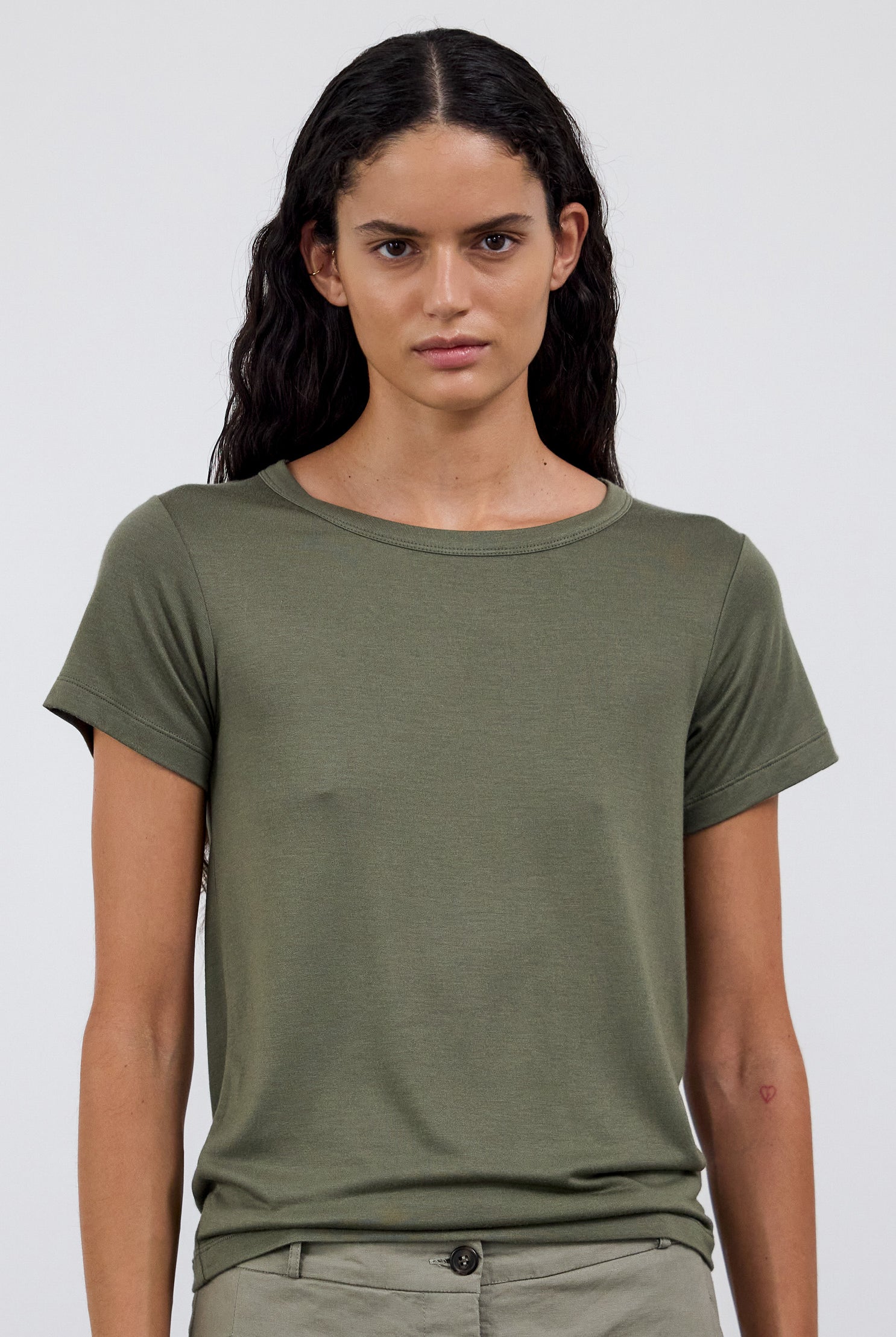 The Bobbie in Olive. 95% Micromodal with 5% elastane. Shown on model.