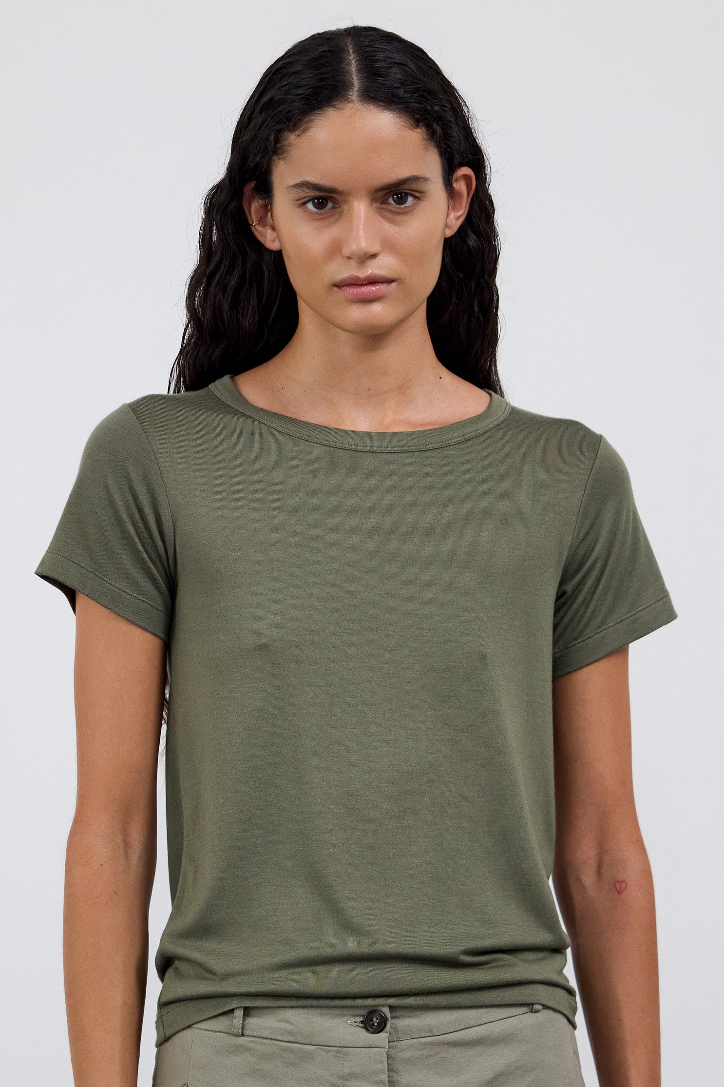 The Bobbie in Olive. 95% Micromodal with 5% elastane. Shown on model.