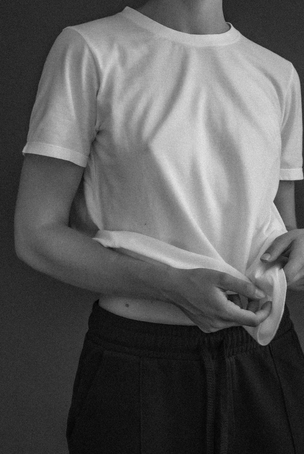 The Michelle crew-neck t-shirt in crispy white shown on model, GOTS certified organic cotton