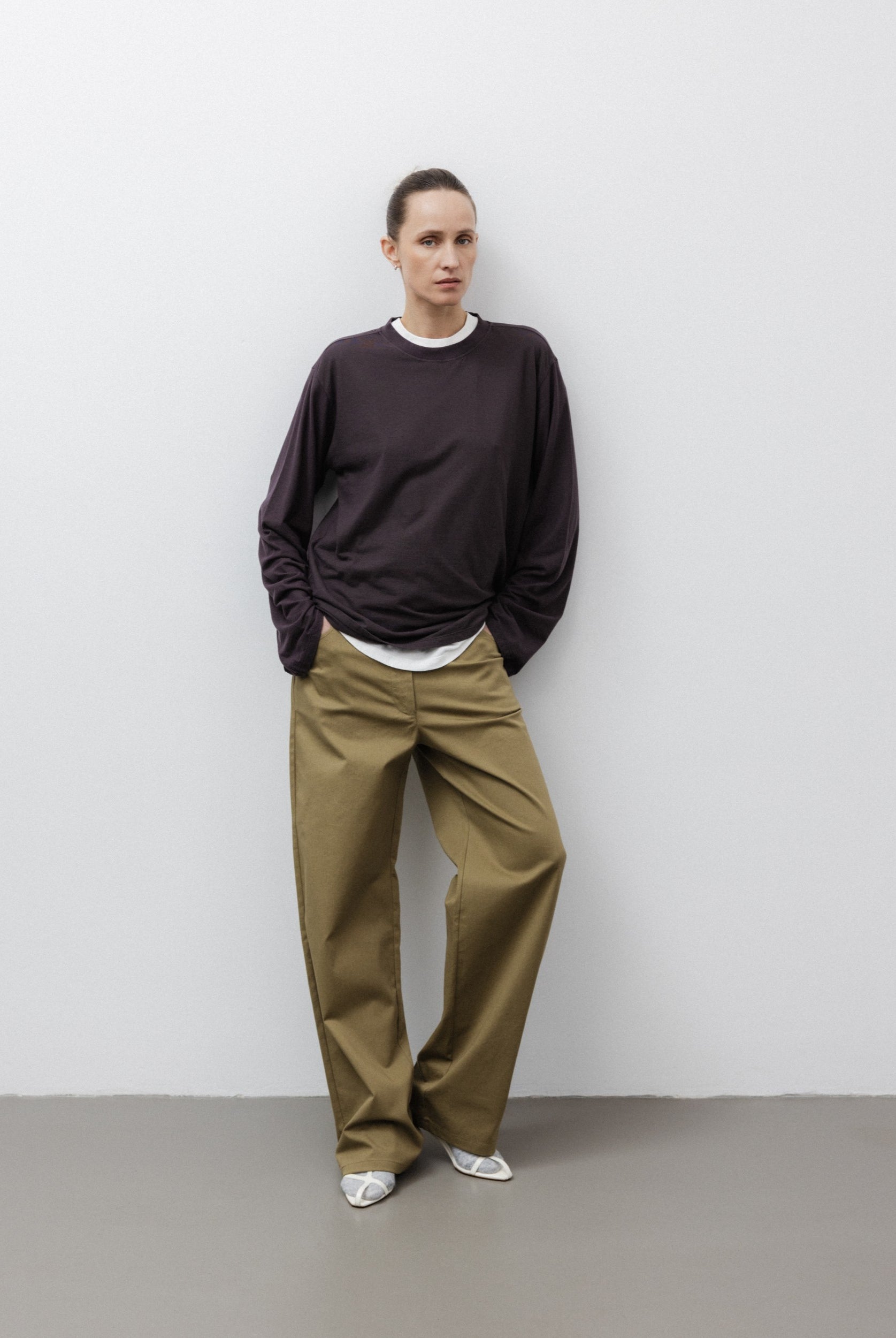 The Emily in Plum. Organic cotton long sleeve, 140 grams. GOTS. Shown on model with The Michelle in Crispy White.