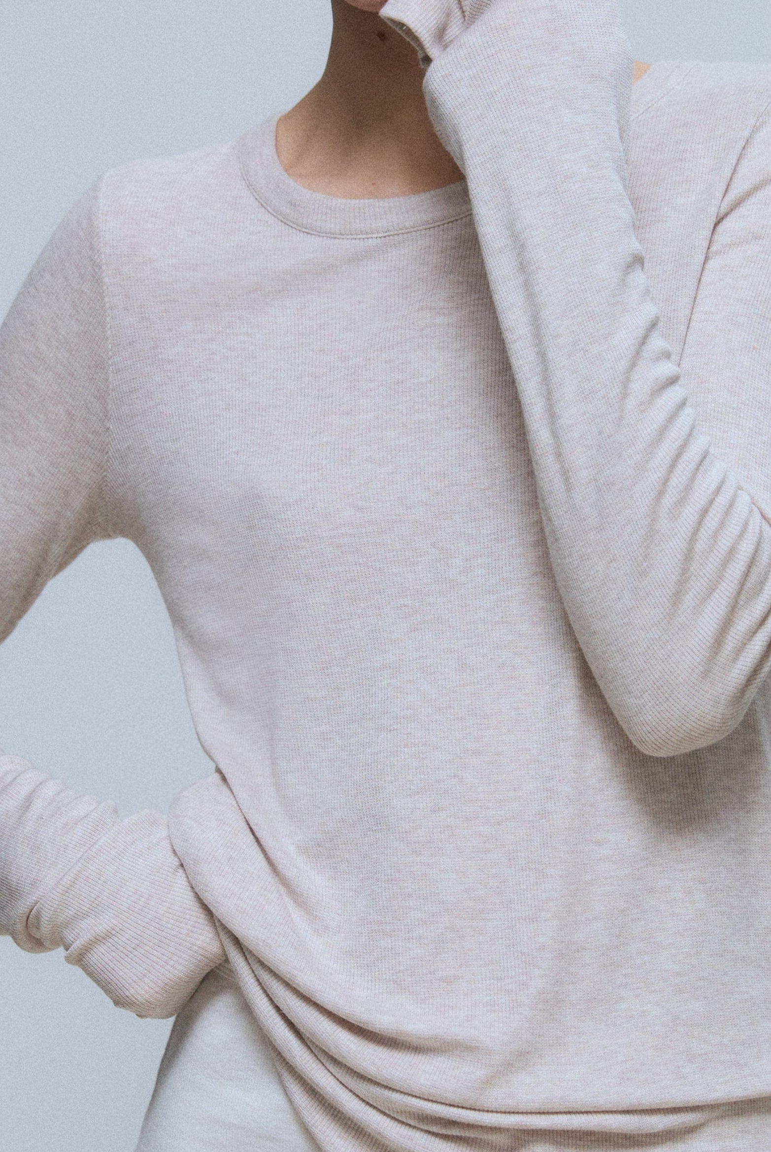 The Georgia modal top in beige melange on model - front view