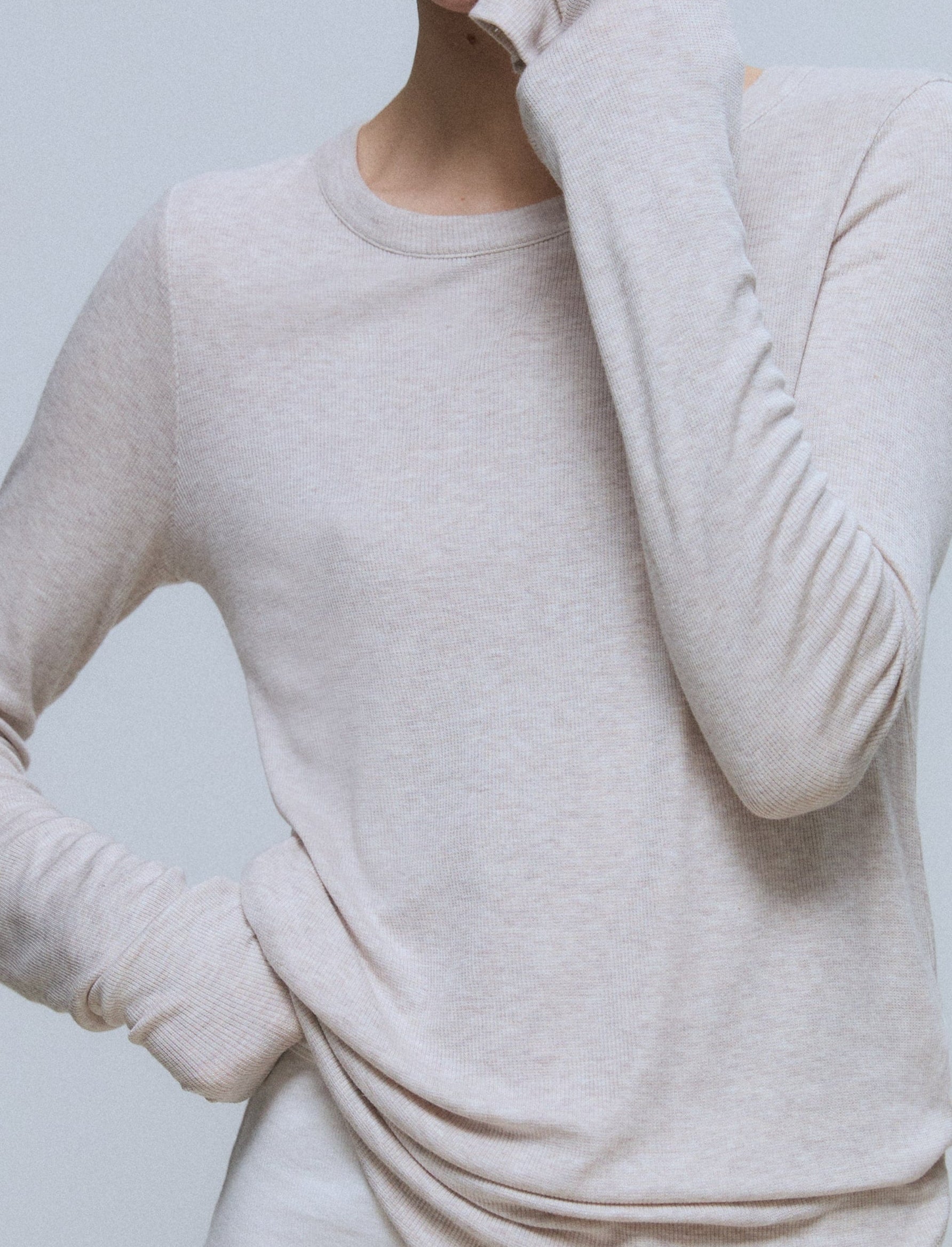 The Georgia modal top in beige melange on model - front view