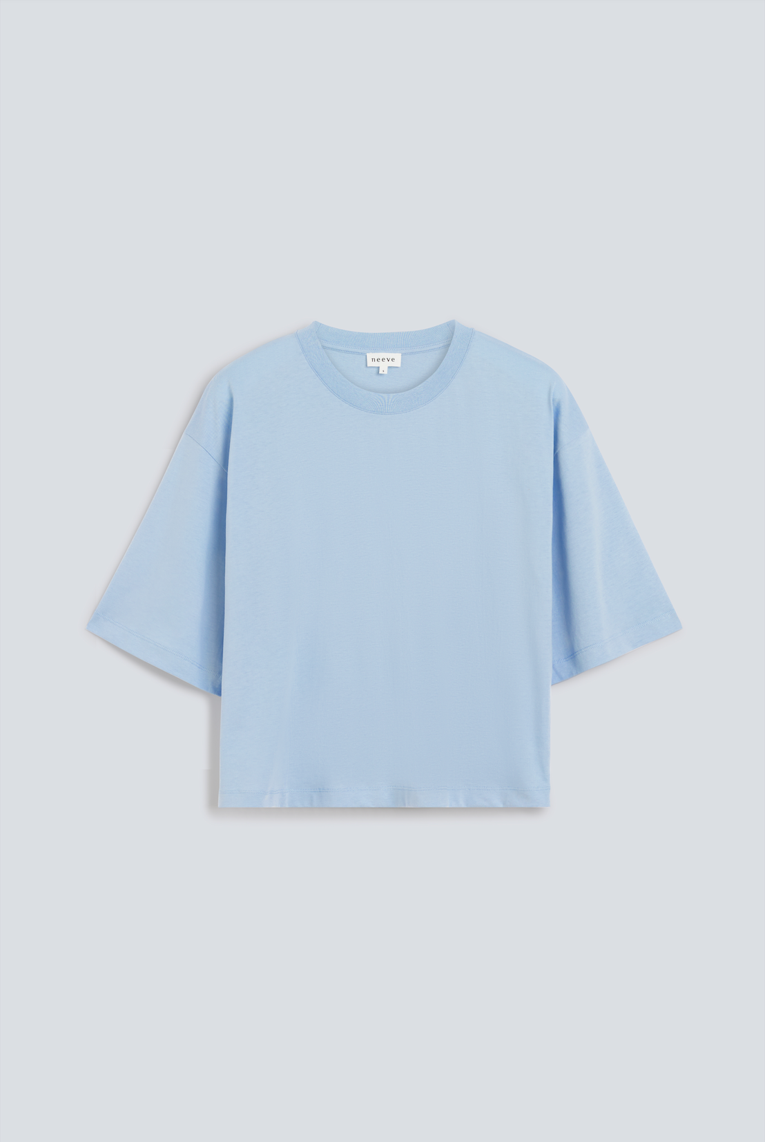The Talia cropped boxy tee in blue fog front view, GOTS certified organic cotton