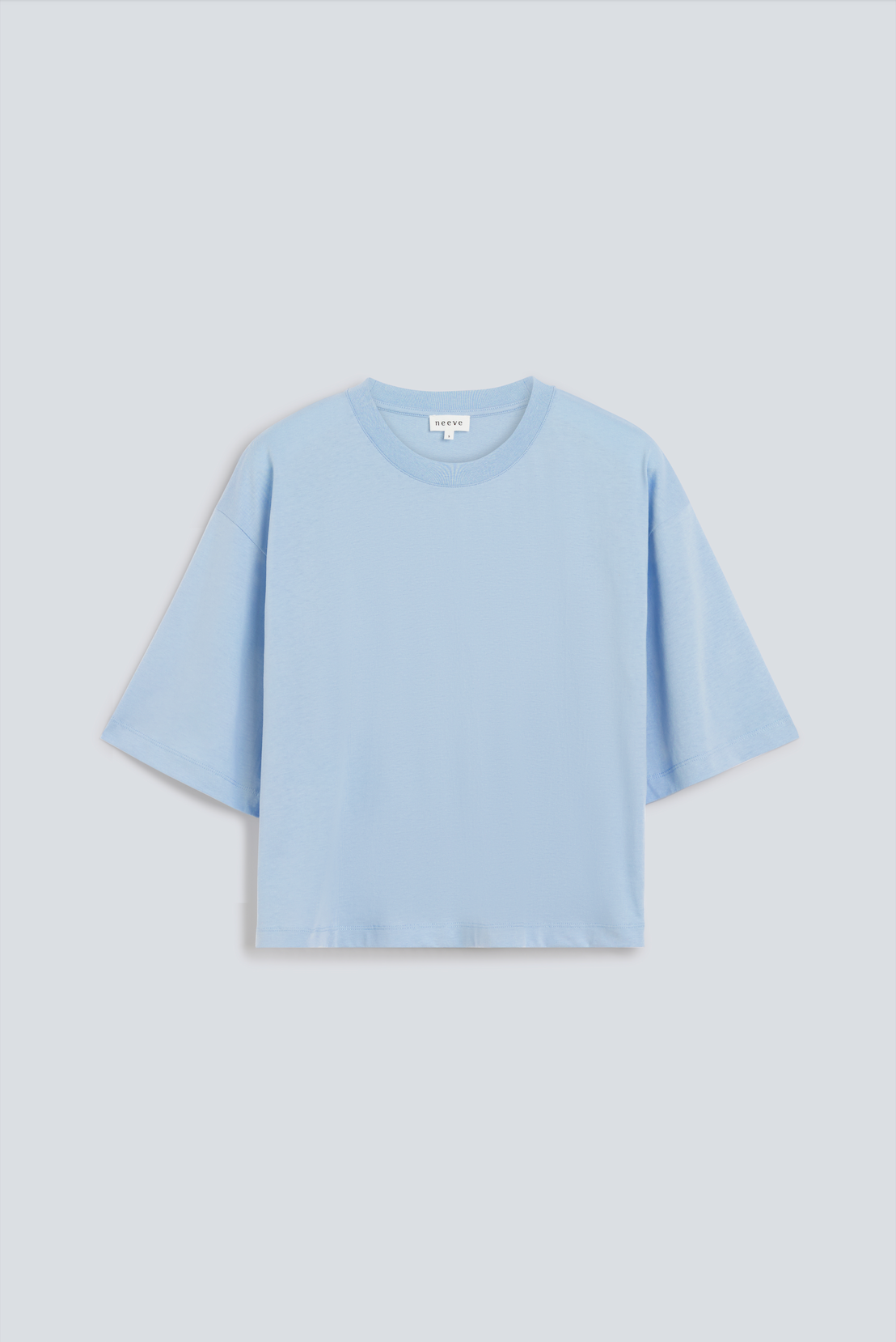 The Talia cropped boxy tee in blue fog front view, GOTS certified organic cotton