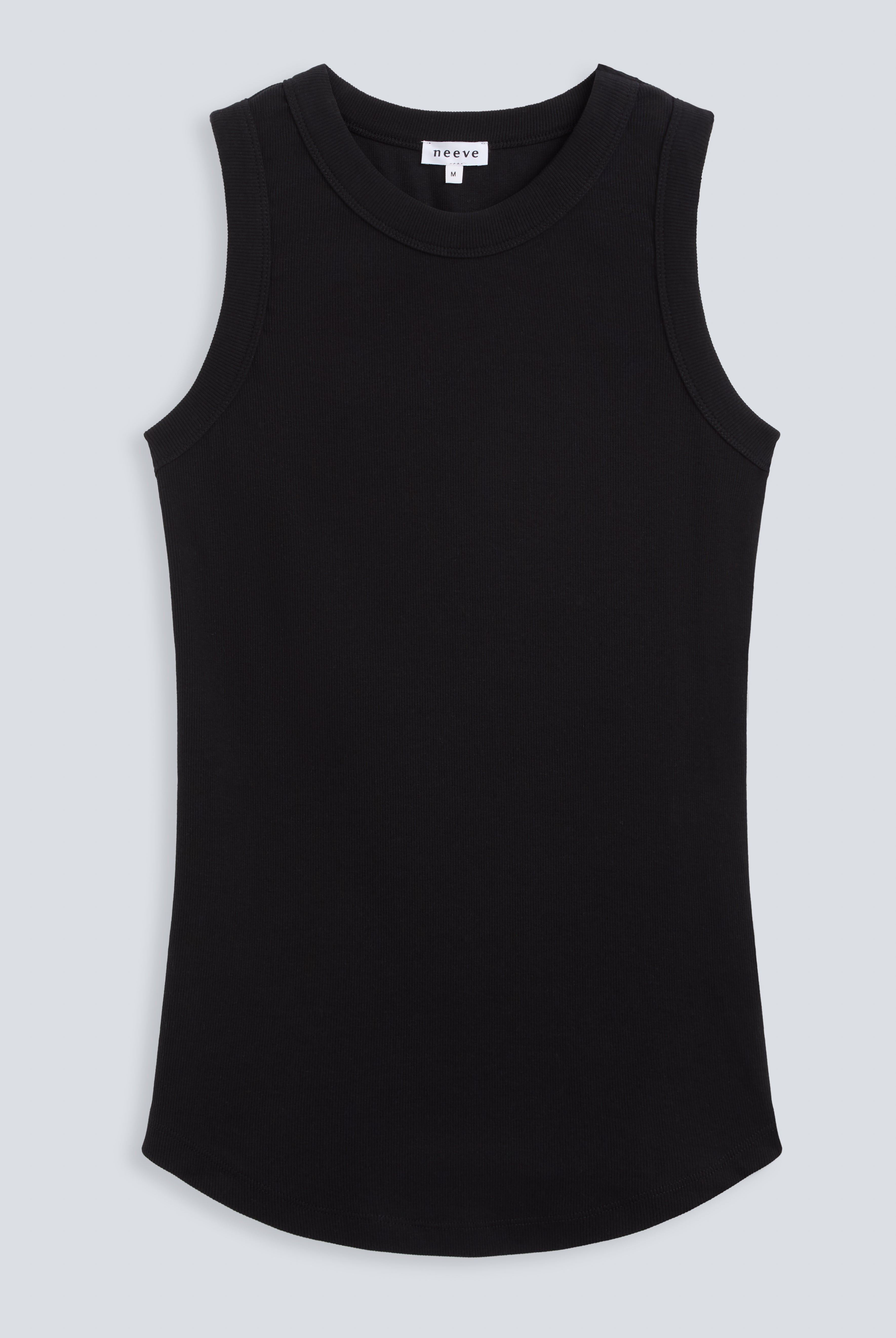 The Rania essential black, ribbed tank, organic cotton, shown on model