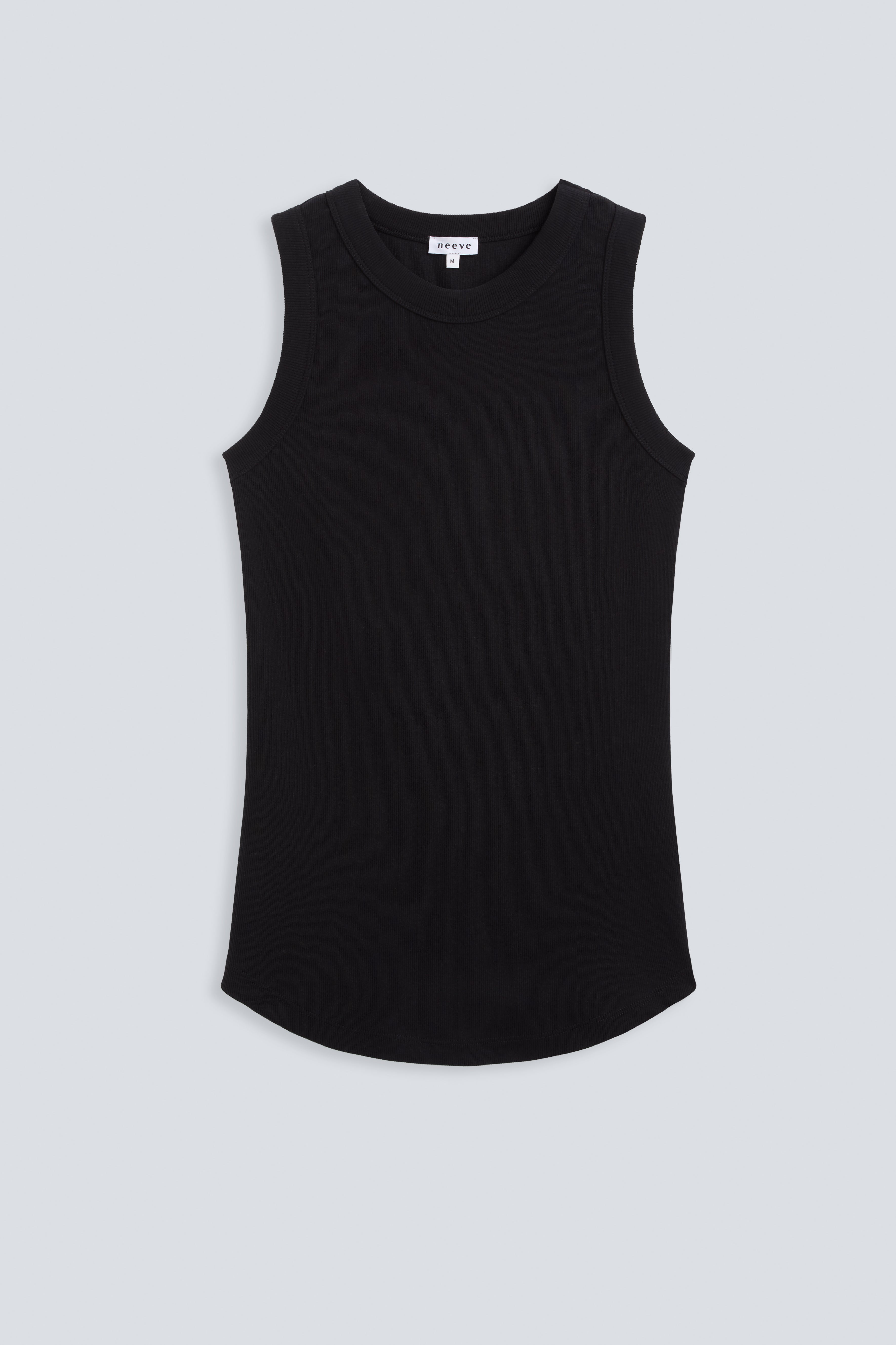 The Rania in Essential Black. Front view. Ribbed tank made from 95% organic cotton with 5% elastane. GOTS, made in Portugal.