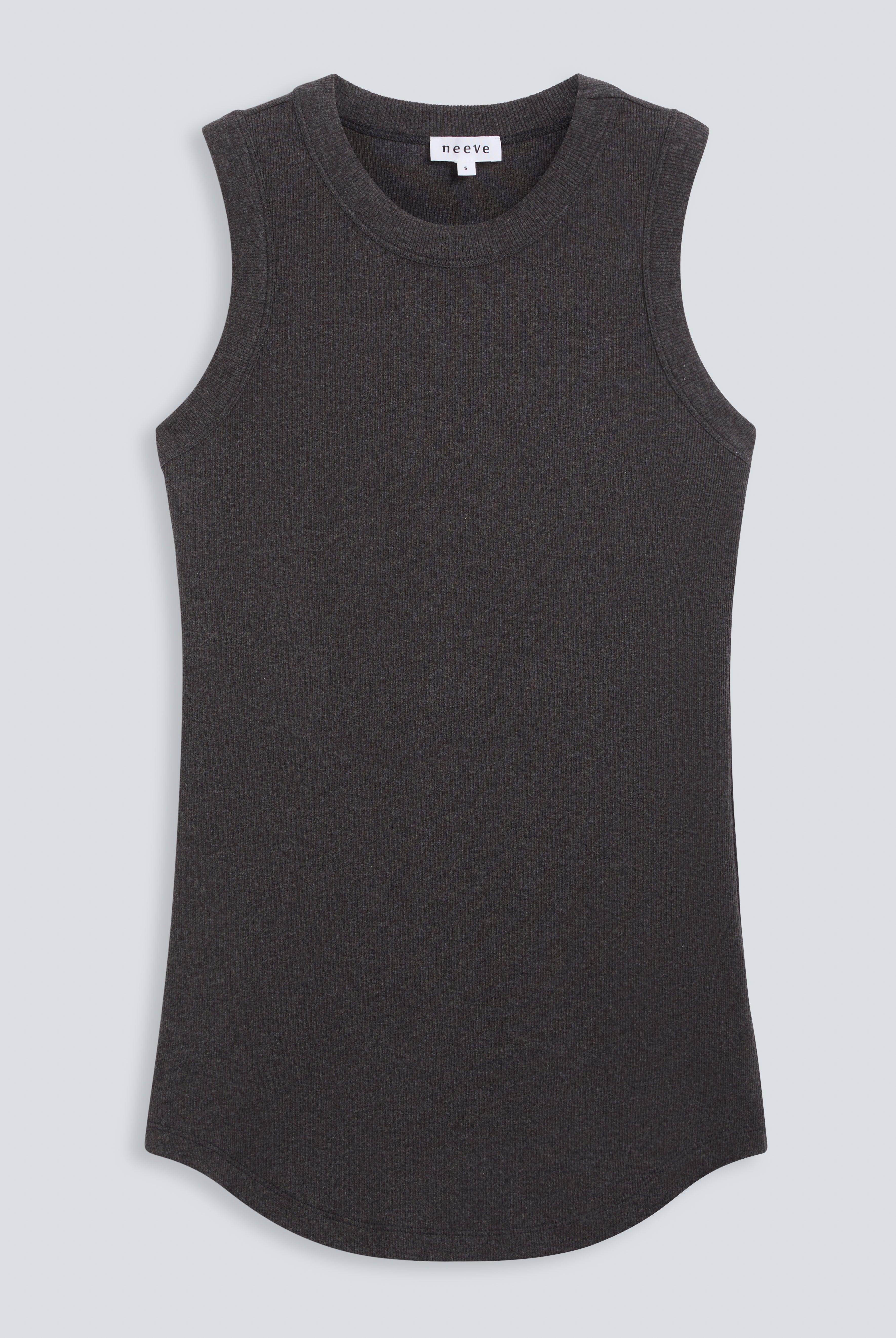 The Rania tank top in dark grey melange, front view. GOTS-certified organic cotton, designed with a skimming fit.