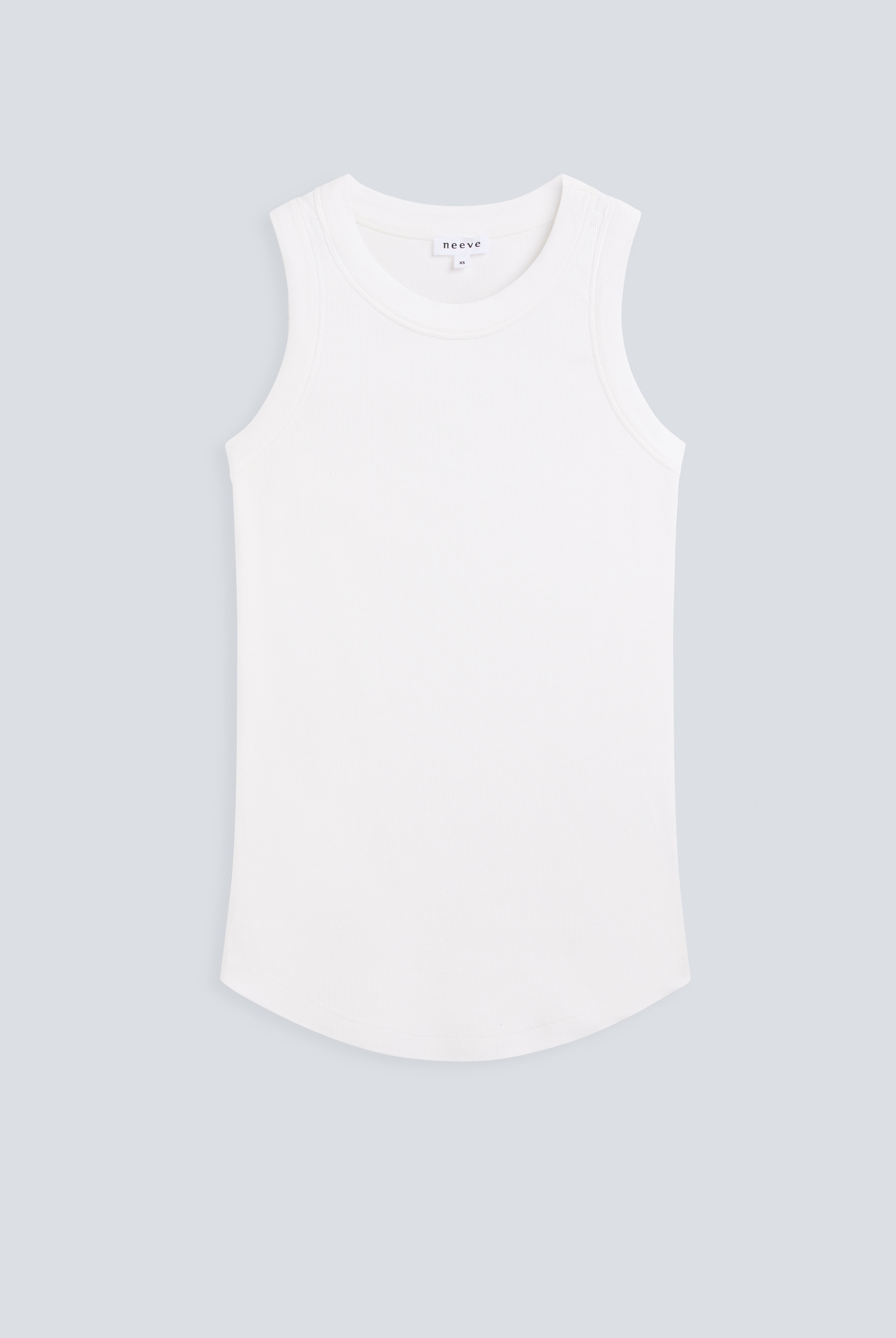 The Rania in Off-White. Front view. Ribbed tank made from 95% organic cotton with 5% elastane. GOTS, made in Portugal.