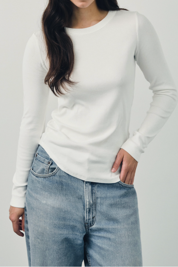 The Ella long sleeve top in off-white on model, GOTS certified organic cotton