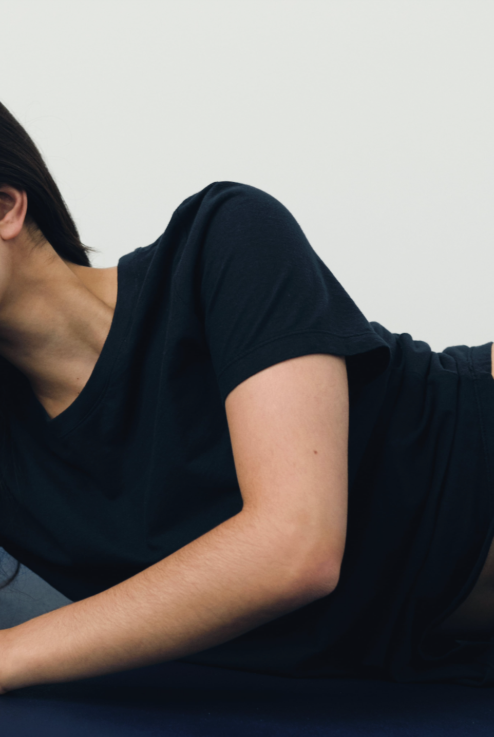 The Michelle crew-neck t-shirt in navy shown on model, GOTS certified organic cotton