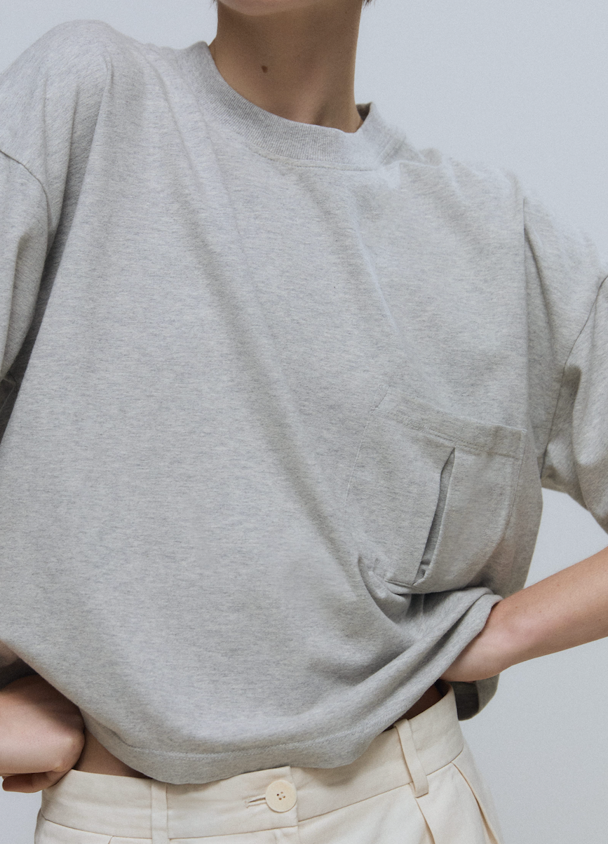 The Tess boxy tee in grey melange on model, GOTS certified organic cotton