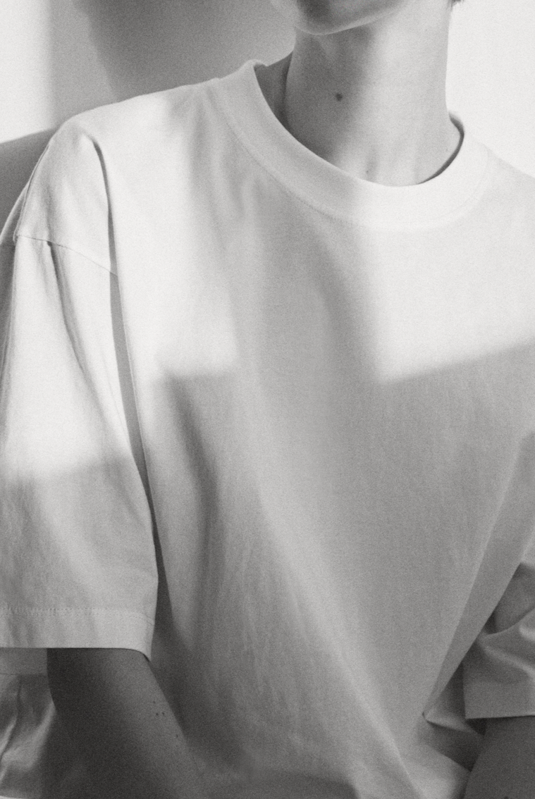 The Talia cropped boxy tee in crispy white on model, GOTS certified organic cotton