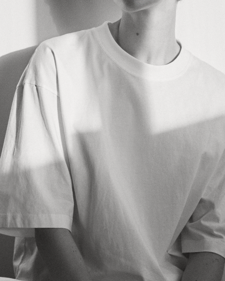 The Talia cropped boxy tee in crispy white on model, GOTS certified organic cotton