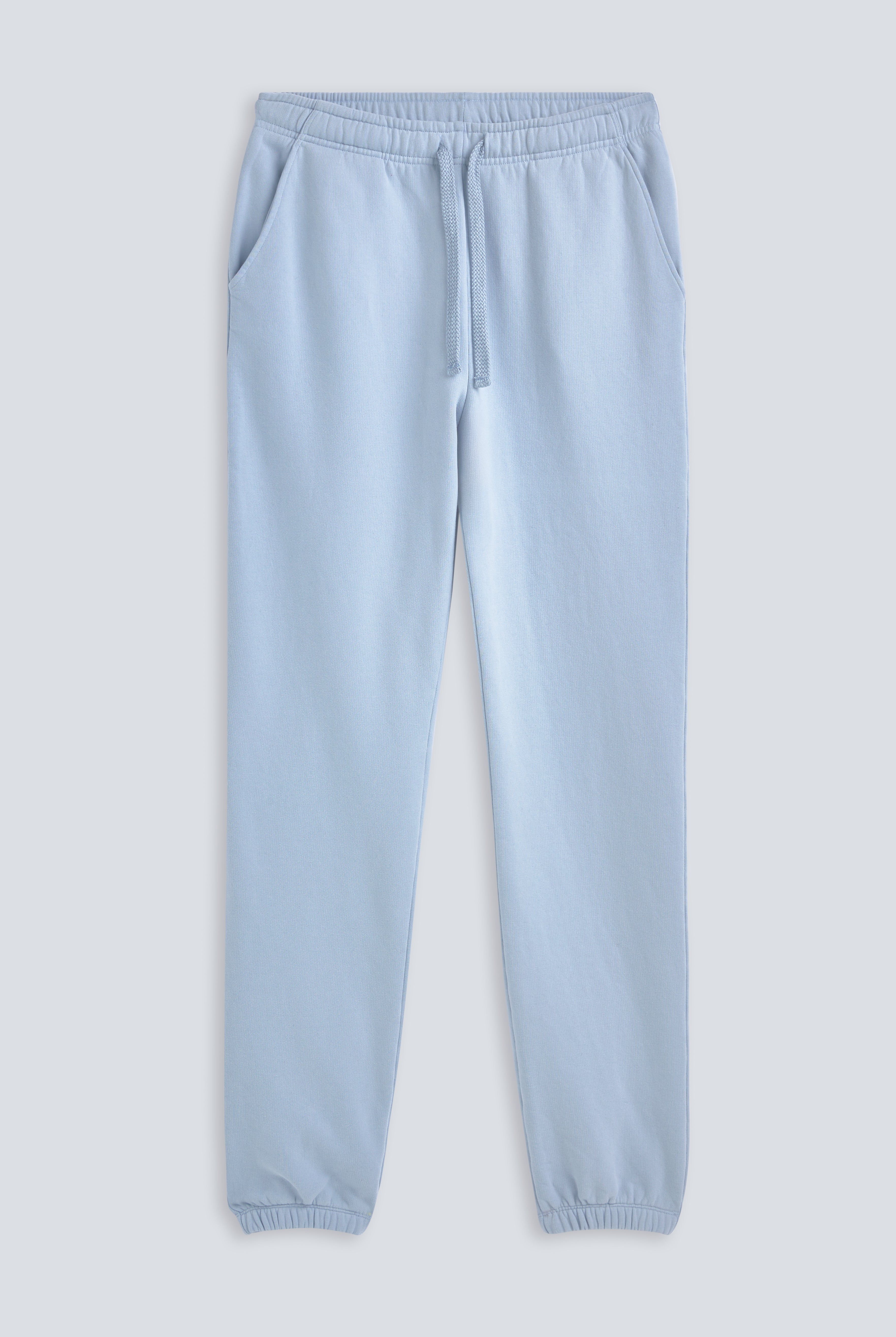 The Abby blue fog sweatpants front view, drawstring waist and tapered cut