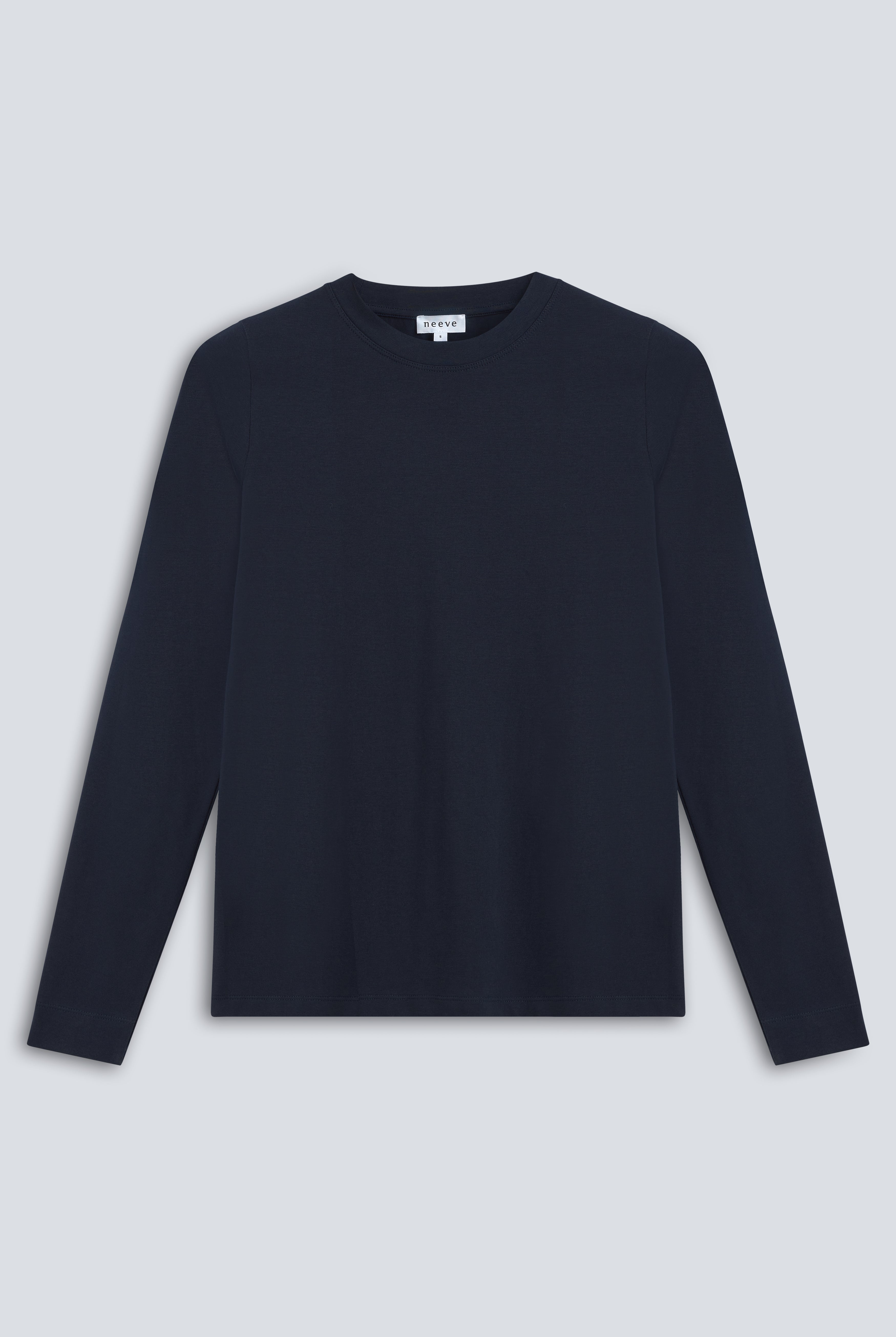The Nora fitted long sleeve in navy detail view, 95% organic cotton 5% elastane made in Portugal