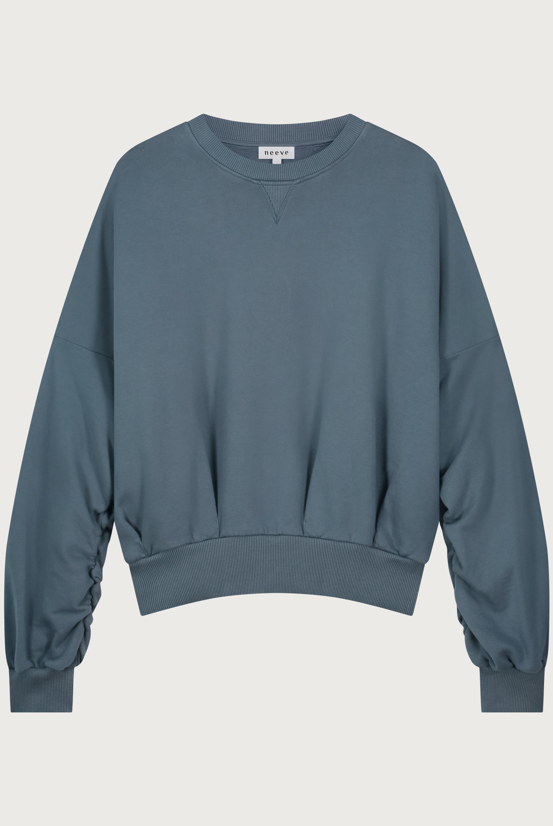 The Blake sweatshirt in stone front view, twisted sleeve detail, 100% organic cotton made in Portugal