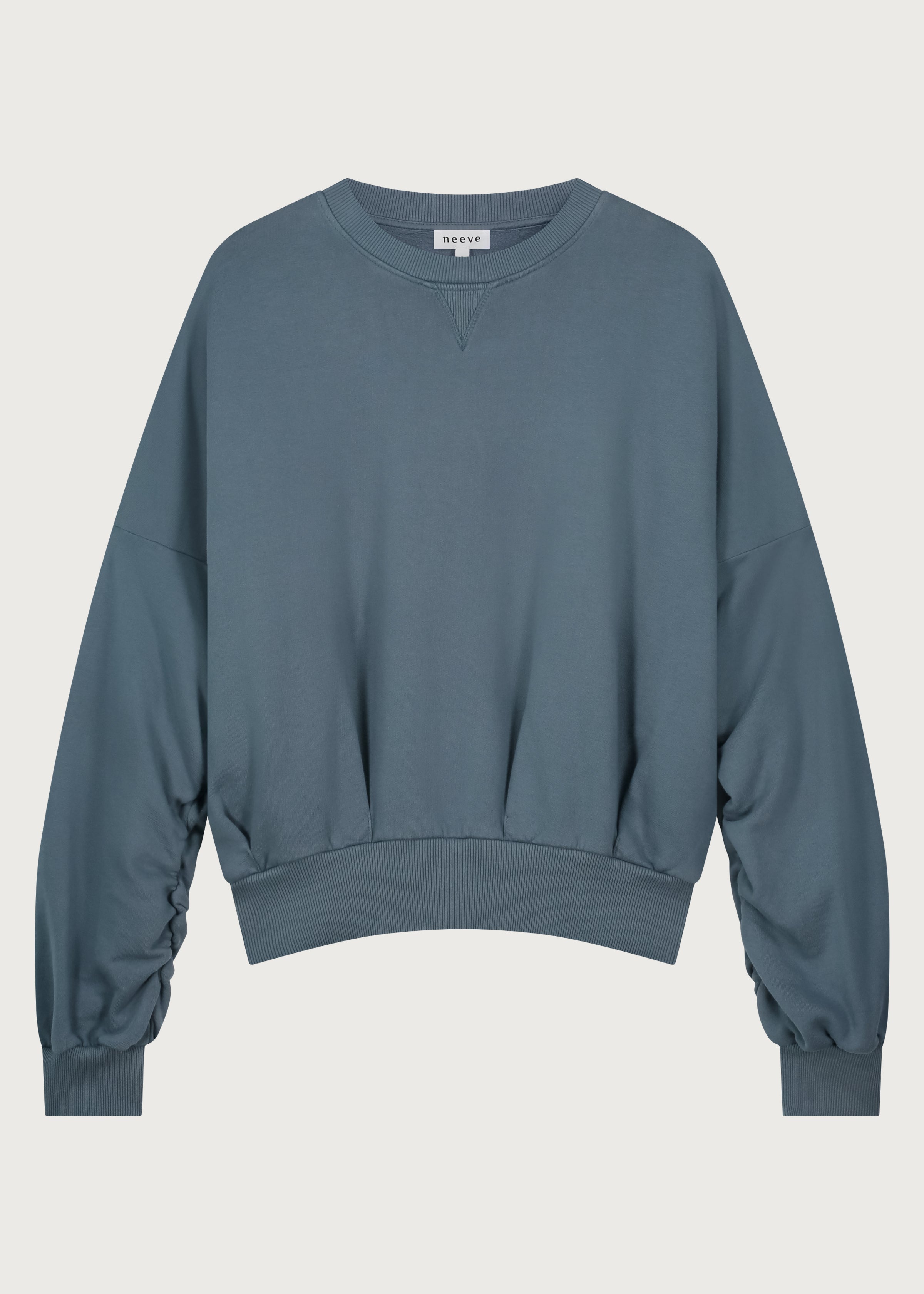 The Blake sweatshirt in stone front view, twisted sleeve detail, 100% organic cotton made in Portugal