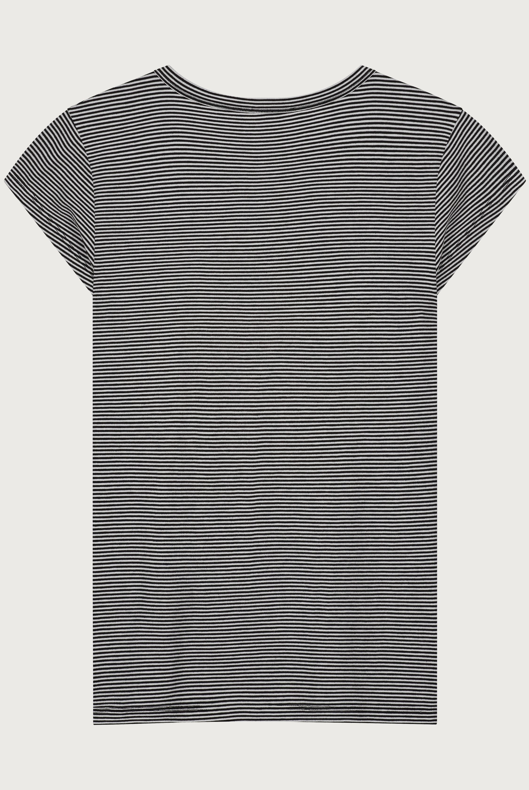 The Carmen fitted baby tee in black and off-white stripes, back view, made in Portugal