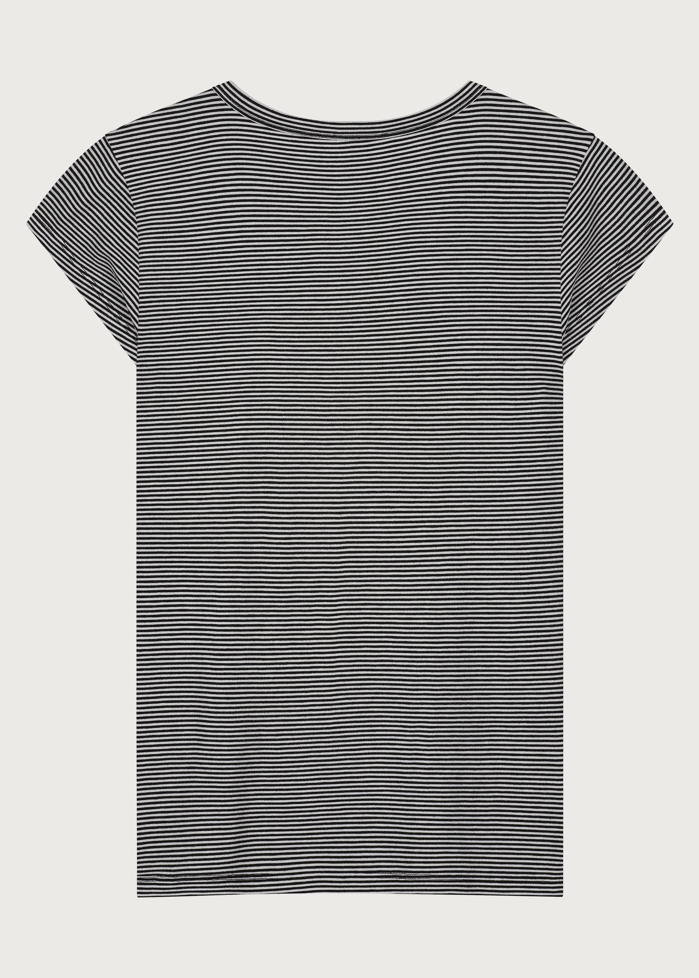 The Carmen fitted baby tee in black and off-white stripes, back view, made in Portugal
