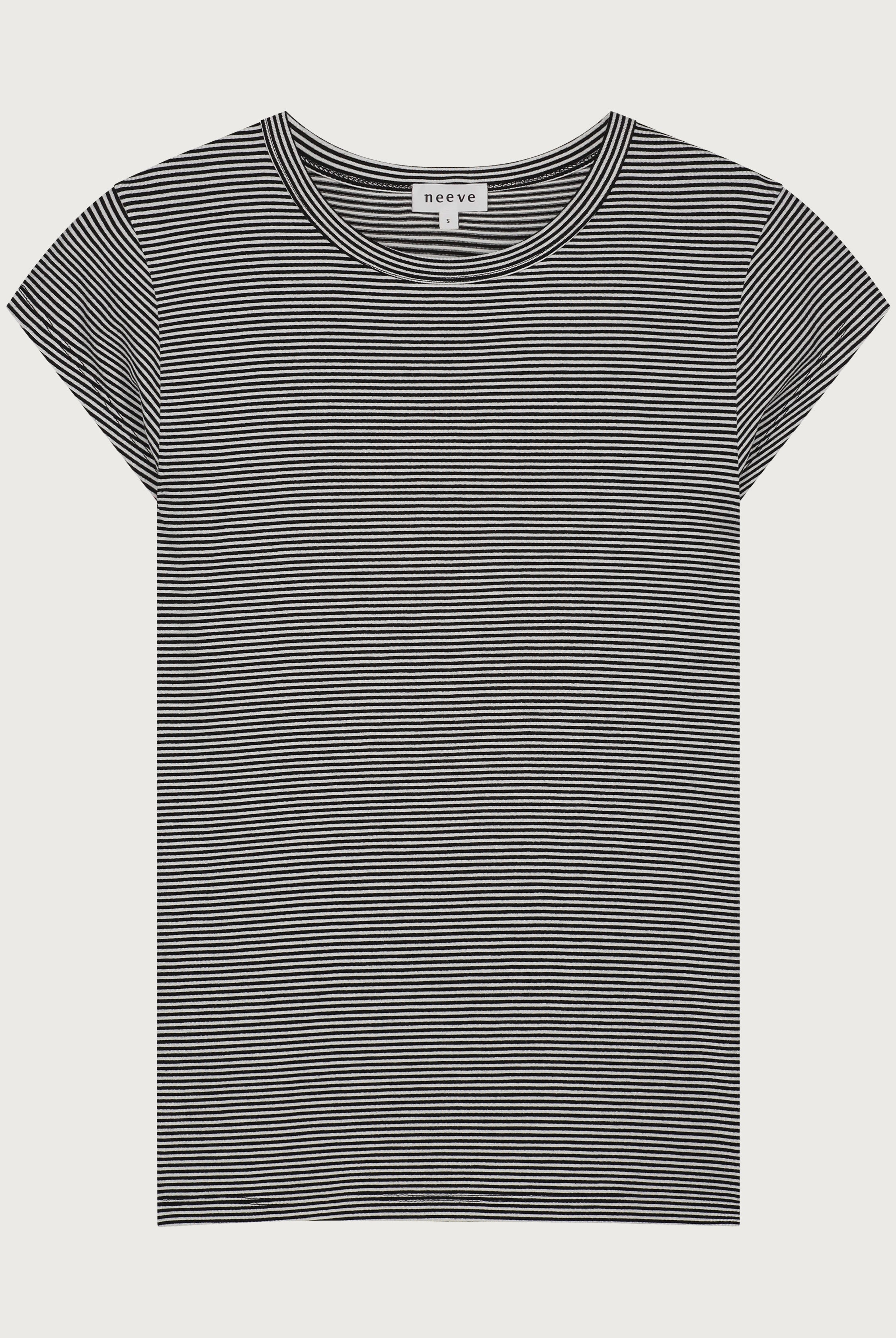 The Carmen striped baby tee front view, capped sleeves, 97% Ecovero viscose