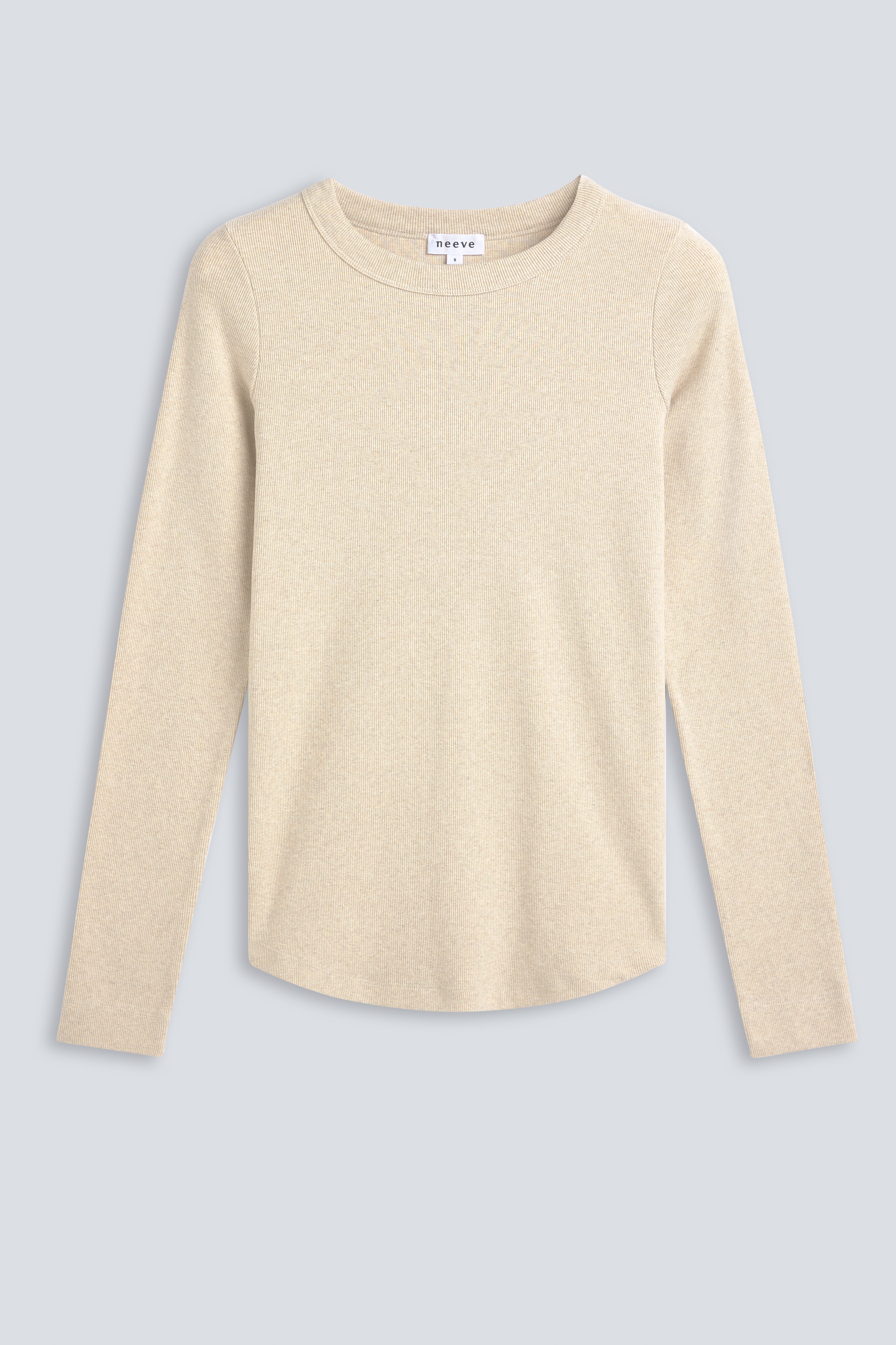 The Ella in Beige Melange. Crew-neck long sleeve. 95% organic cotton with 5% elastane. Front view. GOTS