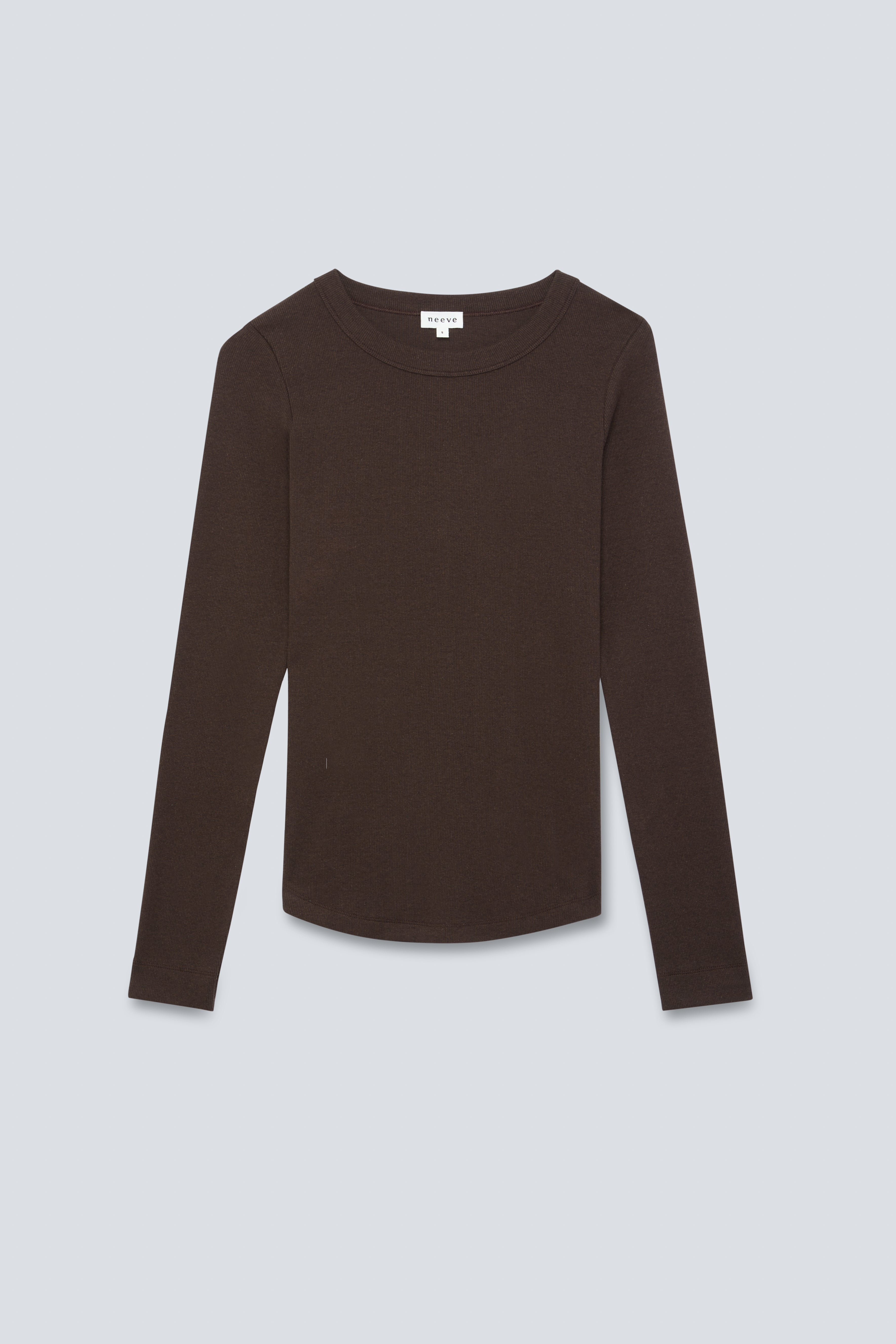The Ella in Chocolate Melange. Crew-neck long sleeve. 95% organic cotton with 5% elastane. Front view. GOTS