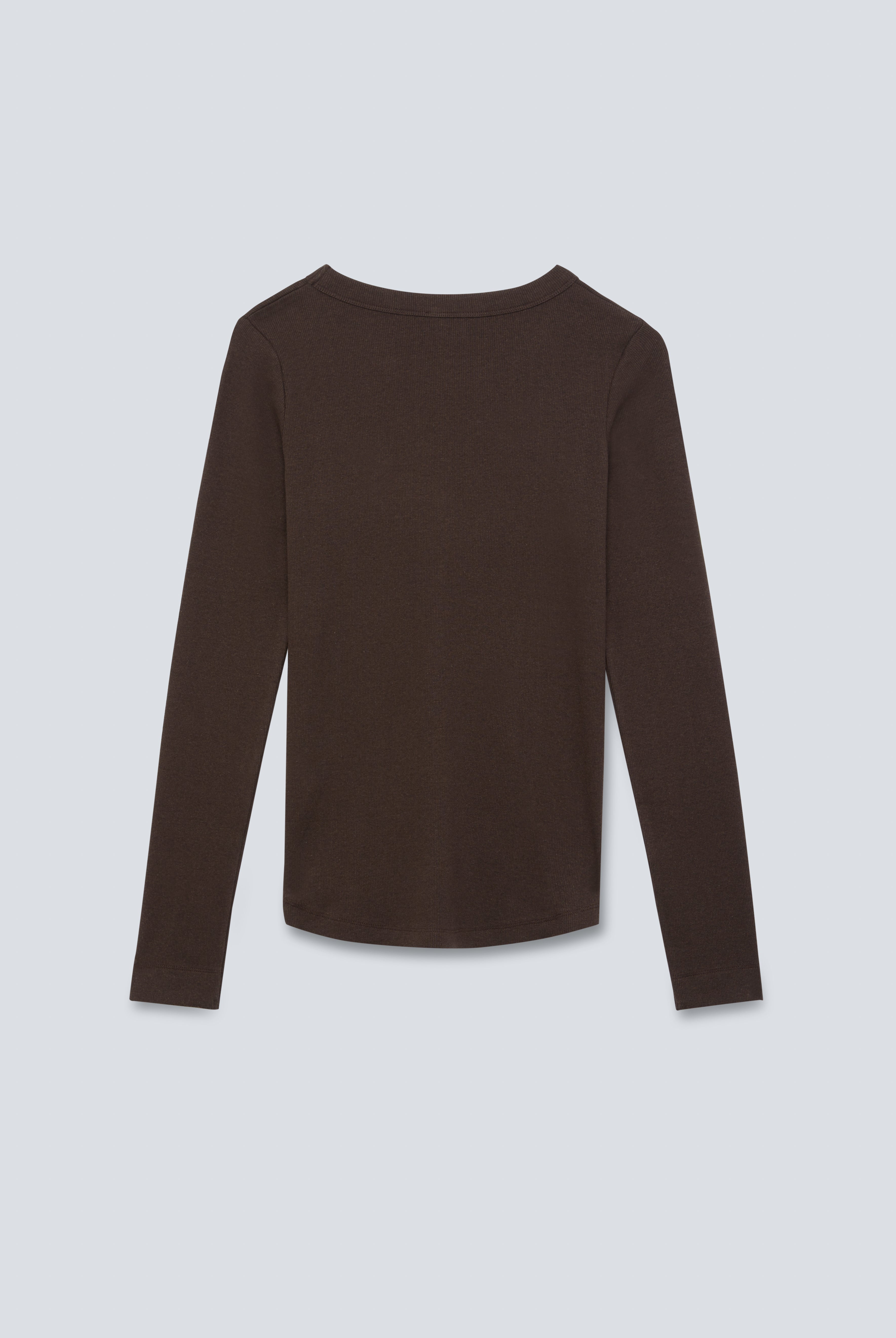 The Ella in Chocolate Melange. Crew-neck long sleeve. 95% organic cotton with 5% elastane. Back view. GOTS