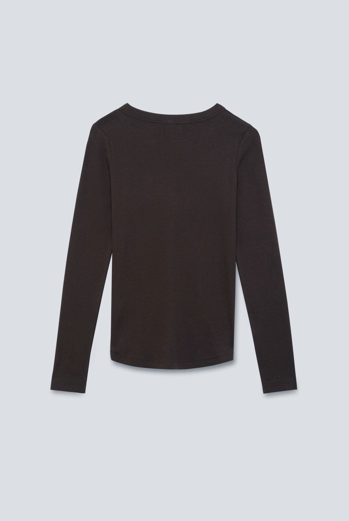 The Ella in Chocolate Melange. Crew-neck long sleeve. 95% organic cotton with 5% elastane. Back view.