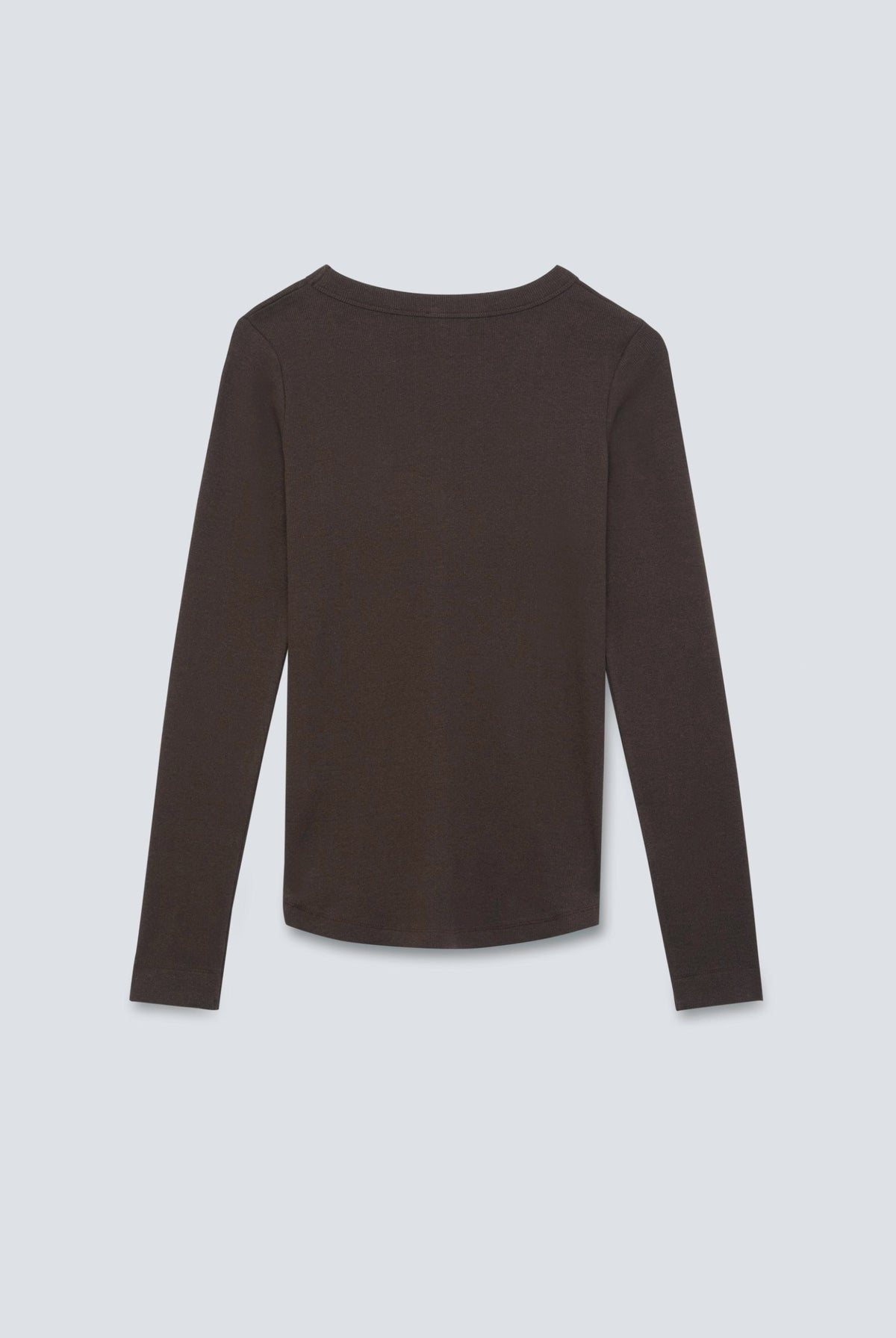 The Ella in Chocolate Melange. Crew-neck long sleeve. 95% organic cotton with 5% elastane. Back view.