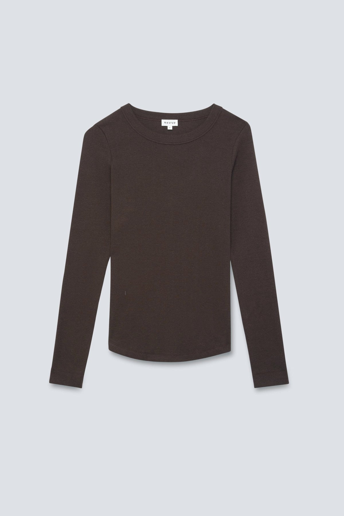 The Ella in Chocolate Melange. Crew-neck long sleeve. 95% organic cotton with 5% elastane. Front view.