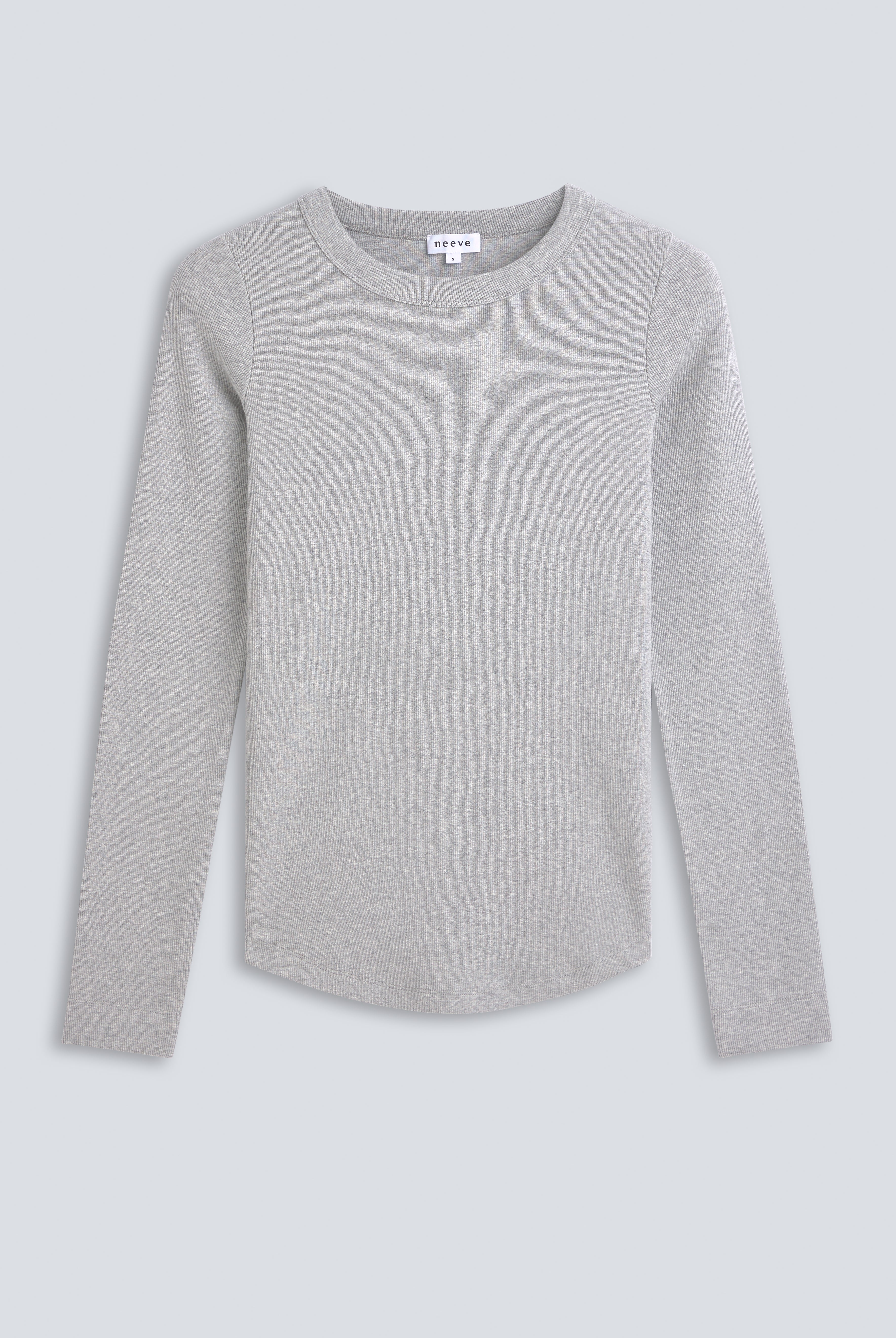 The Ella in Grey Melang. Crew-neck long sleeve. 95% organic cotton with 5% elastane. Front view. GOTS