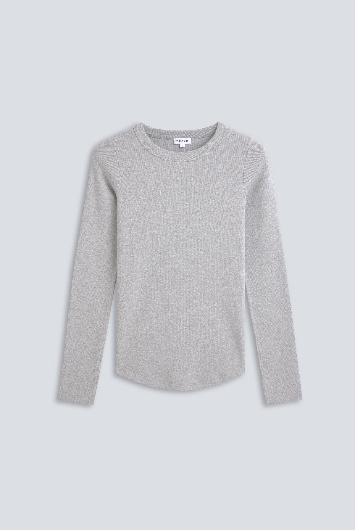 The Ella in Grey Melange. Crew-neck long sleeve. 95% organic cotton with 5% elastane. Front view.