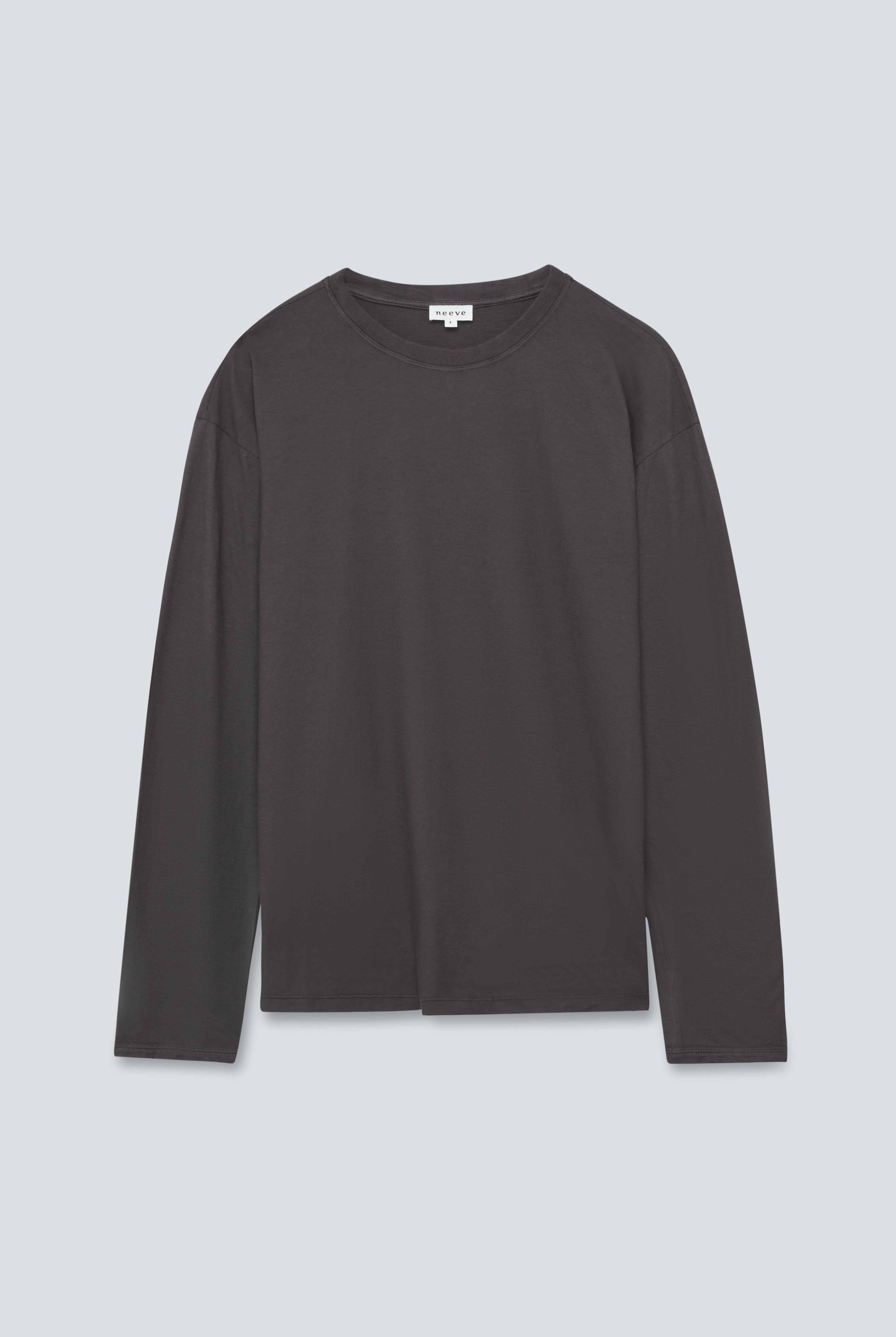 The Emily in Pitch Black. Organic cotton long sleeve, 140 grams. GOTS. Front view.