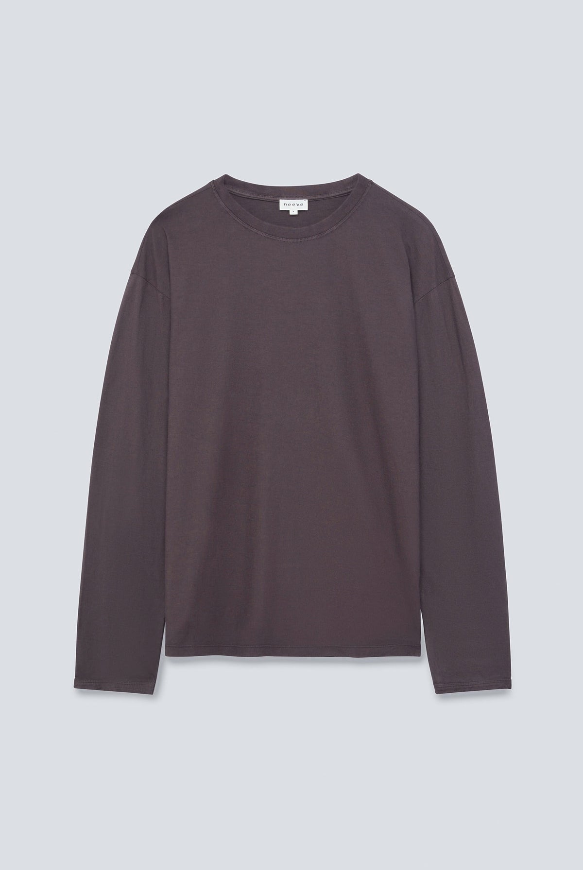 The Emily in Plum. Organic cotton long sleeve, 140 grams. Front view.