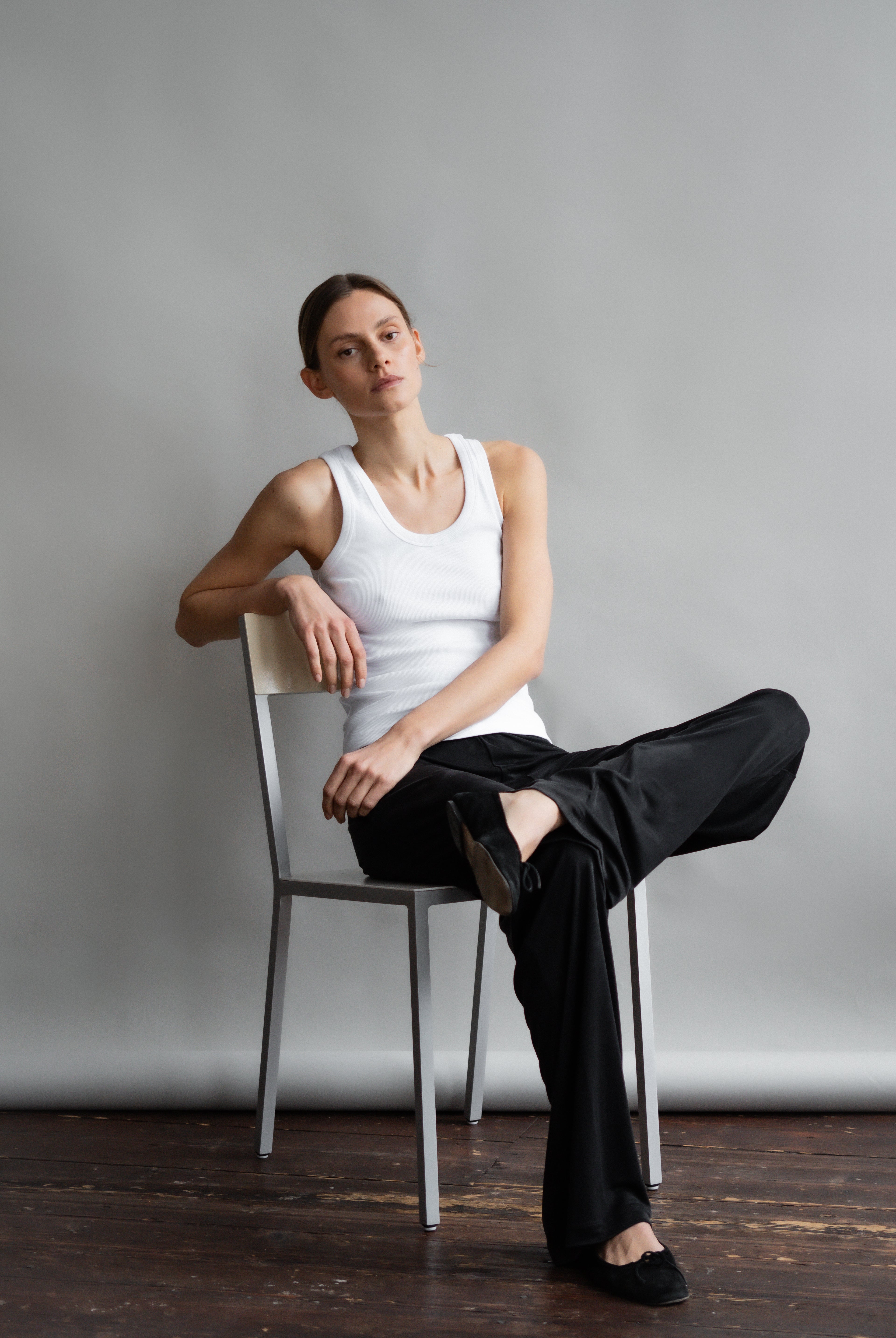 The Josie in Crispy White shown on model with The Sam in Essential Black.