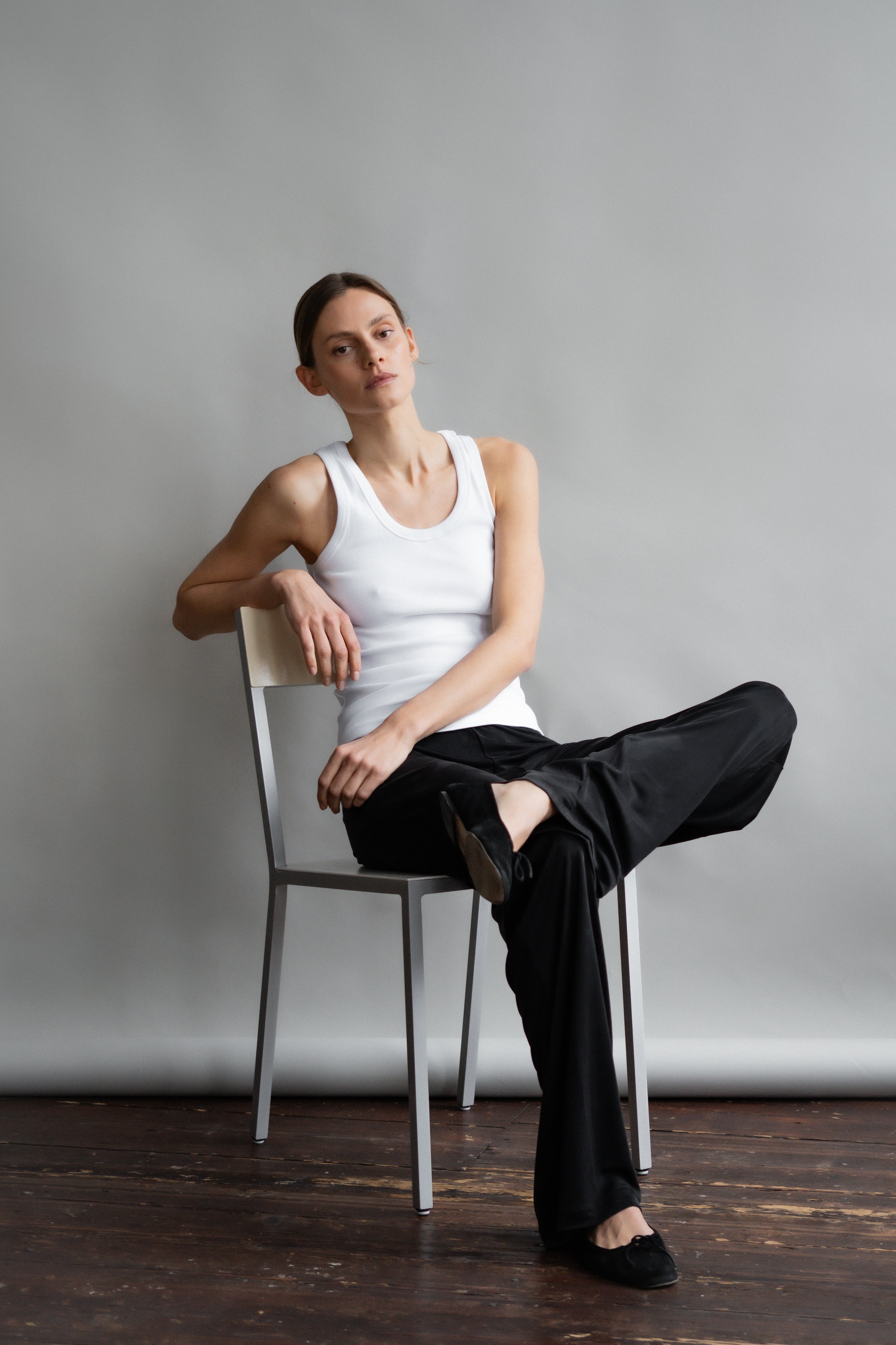 The Josie in Crispy White shown on model with The Sam in Essential Black.