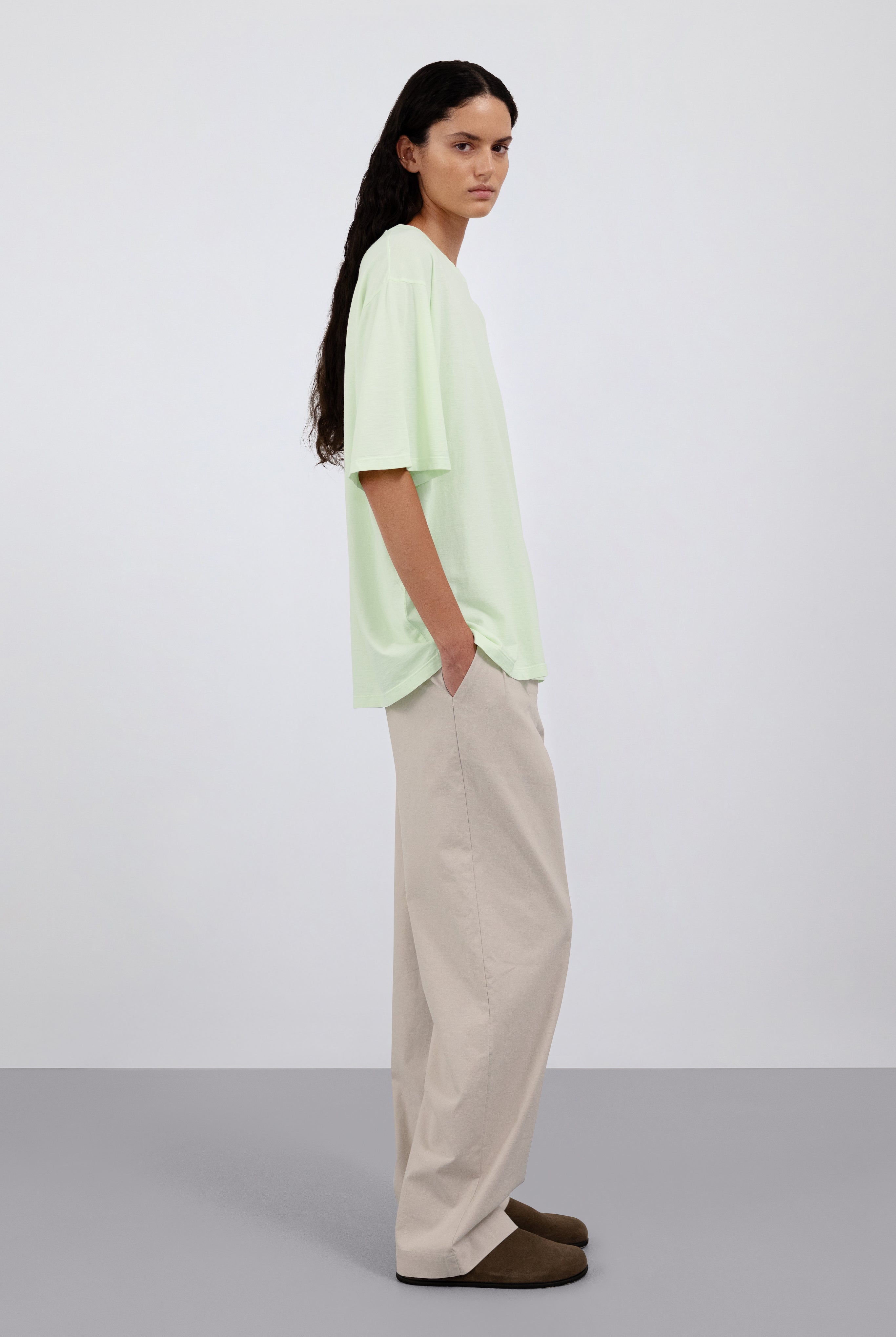 The Alex in Beige. 50% linen with 48% cotton with 2% elastane. Shown on model with The Lara in Lime.