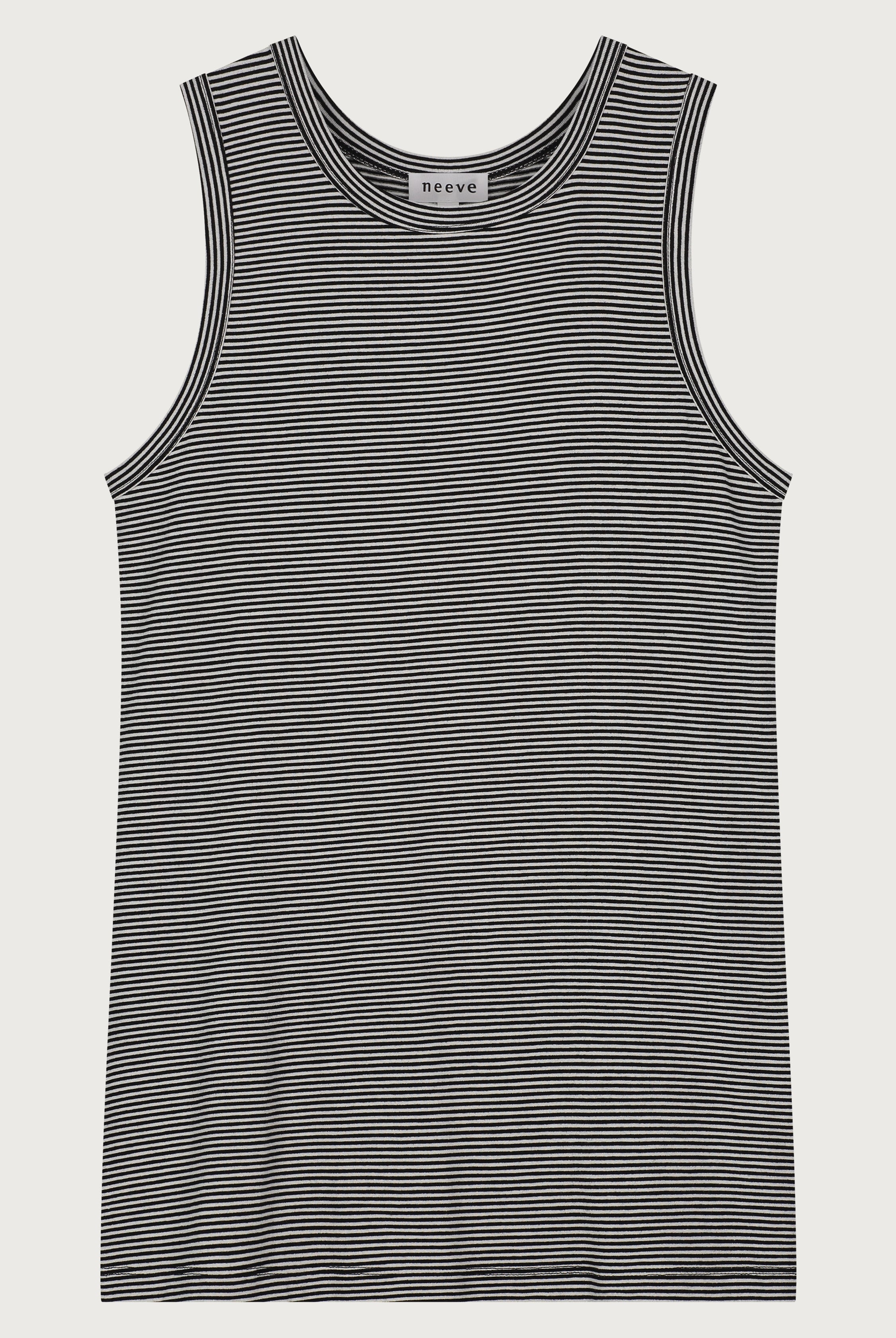 The Luna black and white striped top front view, 97% Ecovero viscose made in Portugal