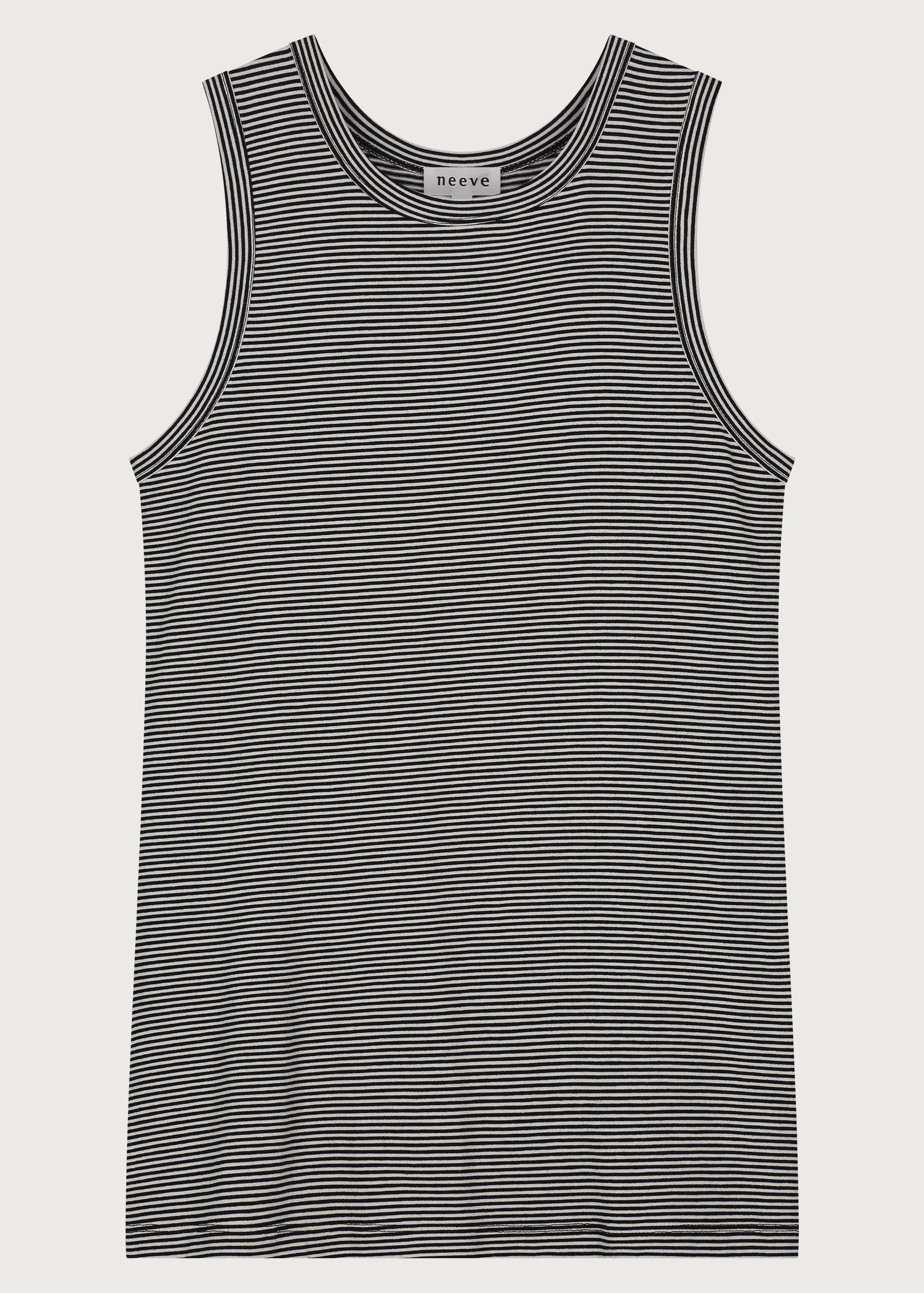 The Luna black and white striped top front view, 97% Ecovero viscose made in Portugal
