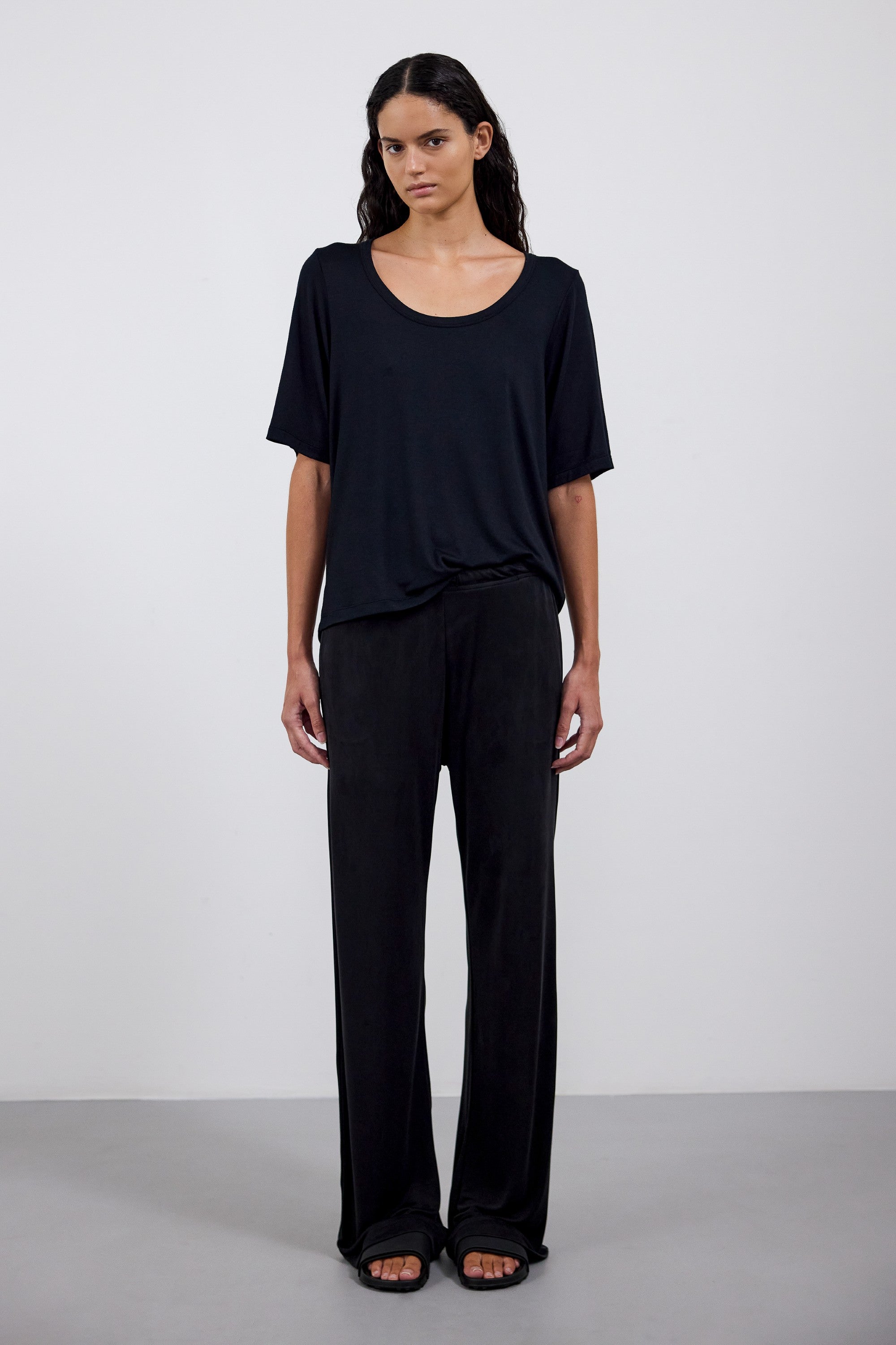 The Mare in Essential Black. 95% Micromodal with 5% elastane. Shown on model with The Sam in Essential Black.