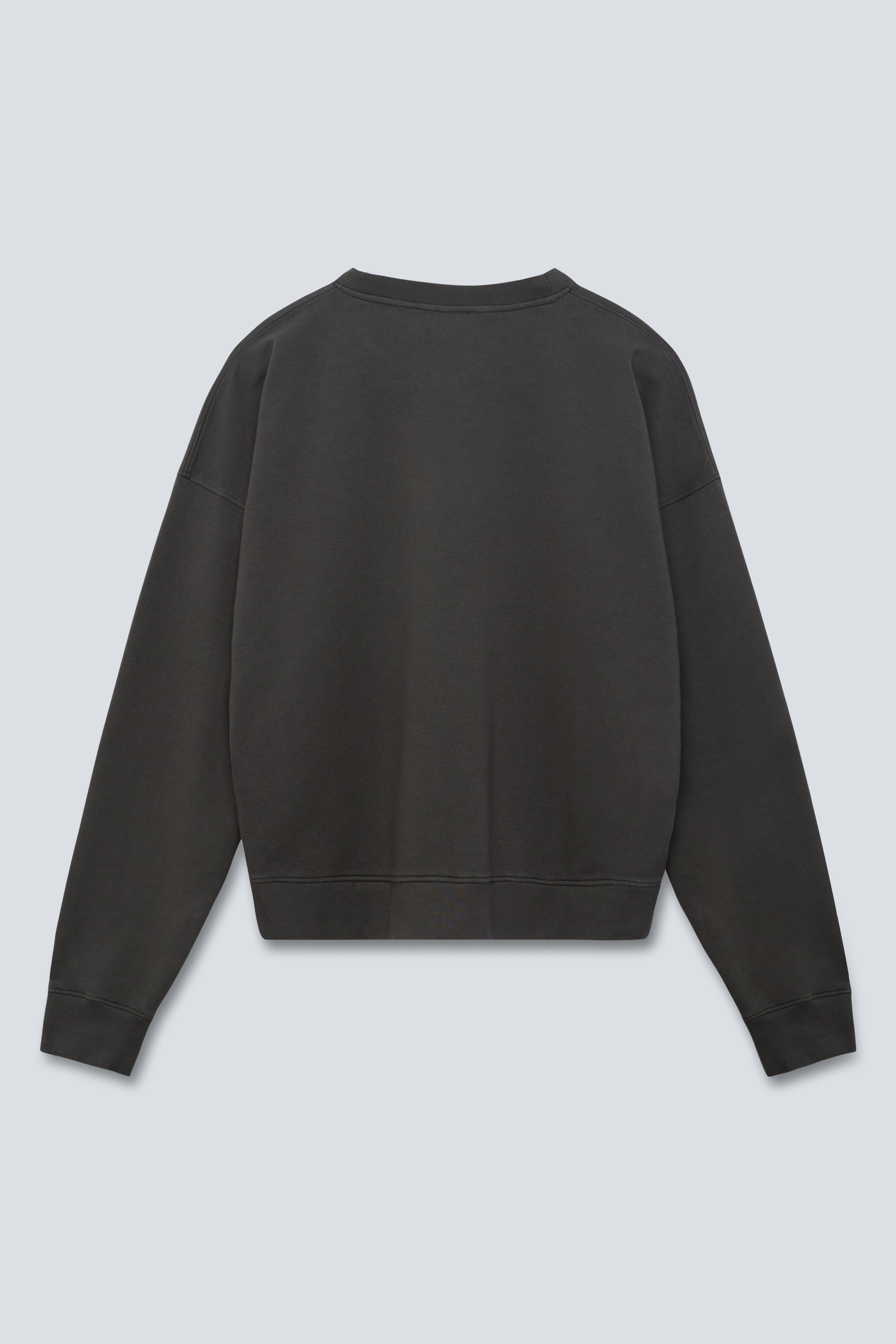The May in Pitch Black. Crew-neck sweater with a boxy shape. 100% organic cotton babyfleece. GOTS. Back view.