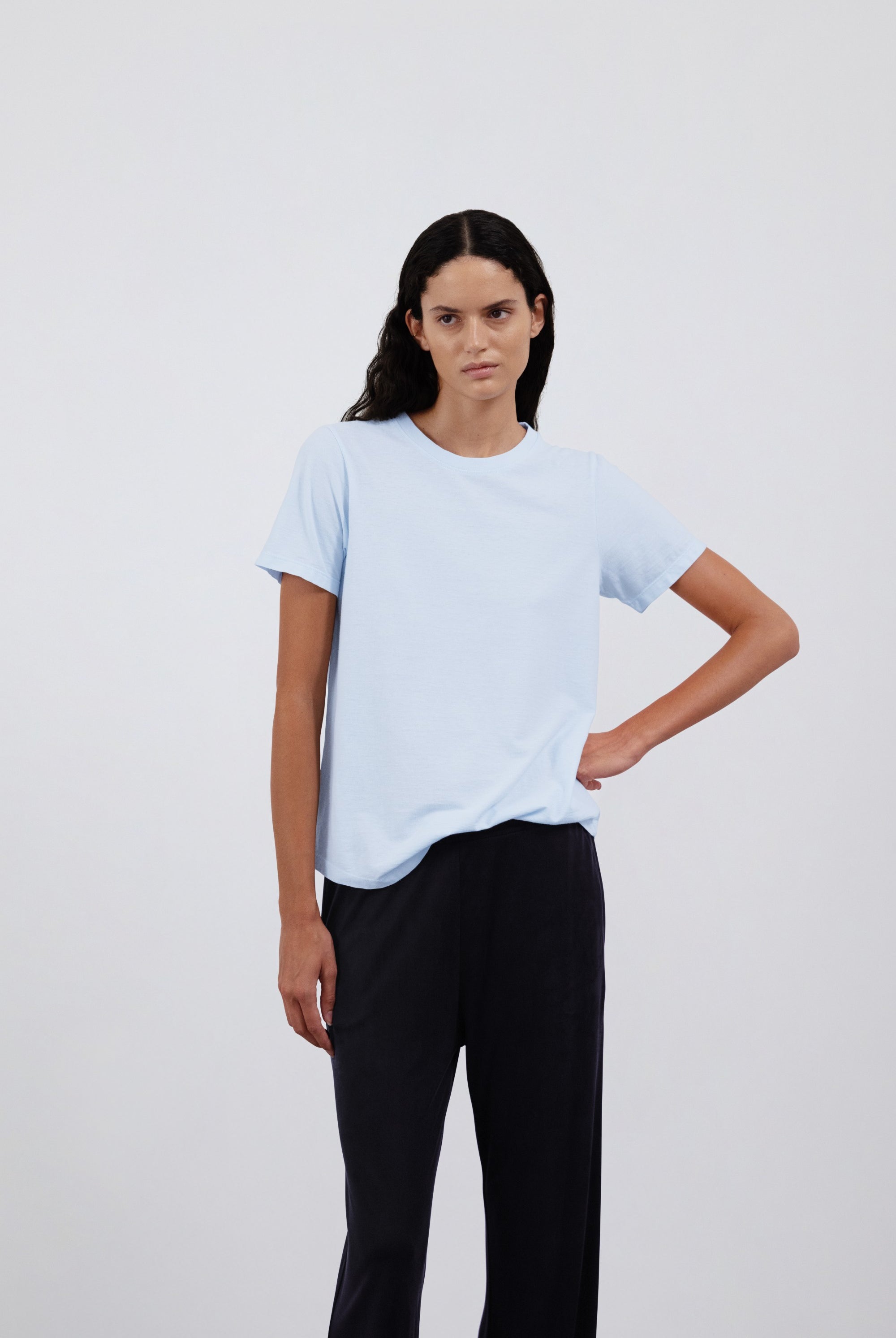 The Michelle Ice Blue shown on model. 100% organic cotton GOTS