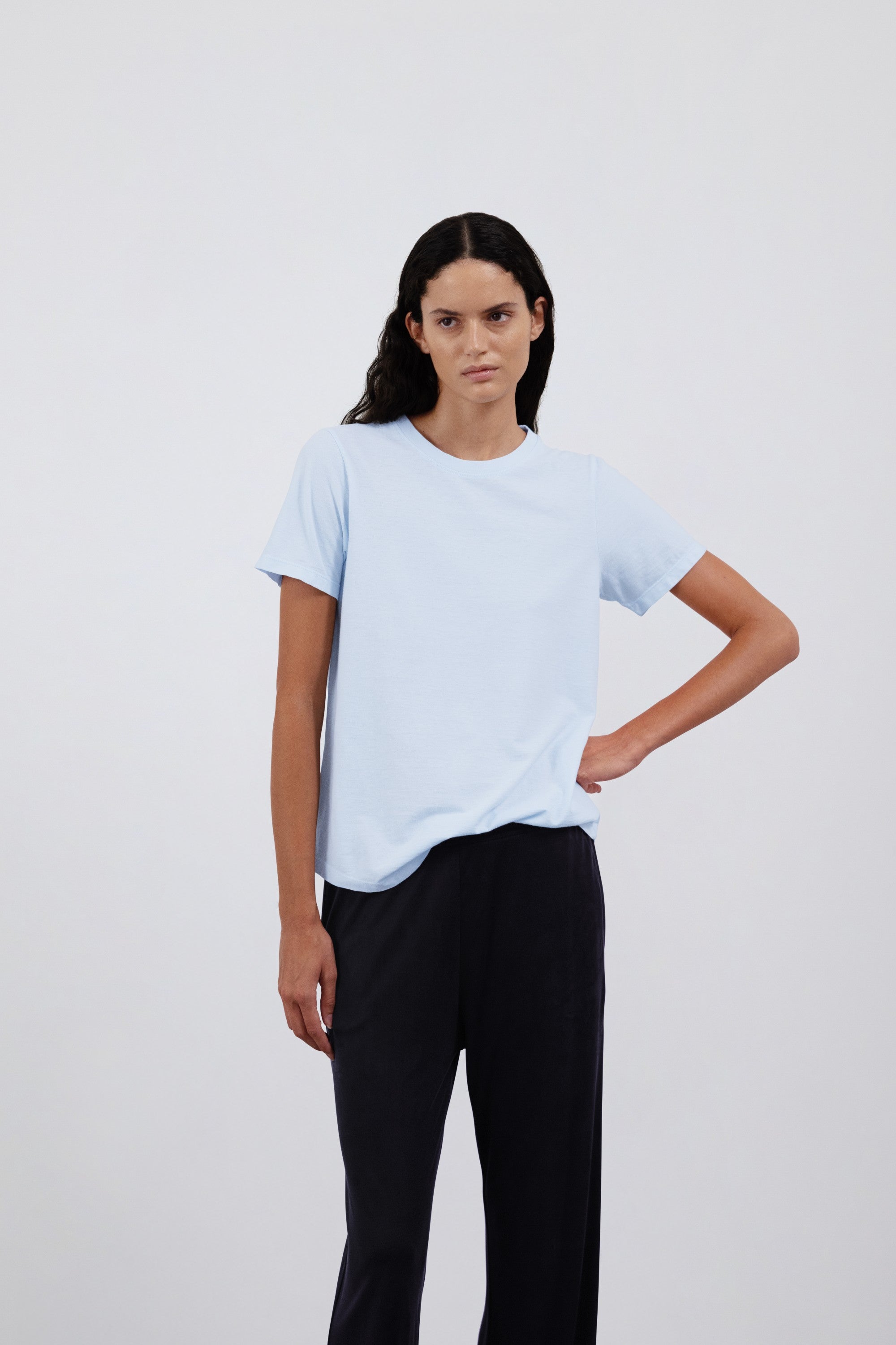 The Michelle Ice Blue shown on model. 100% organic cotton GOTS