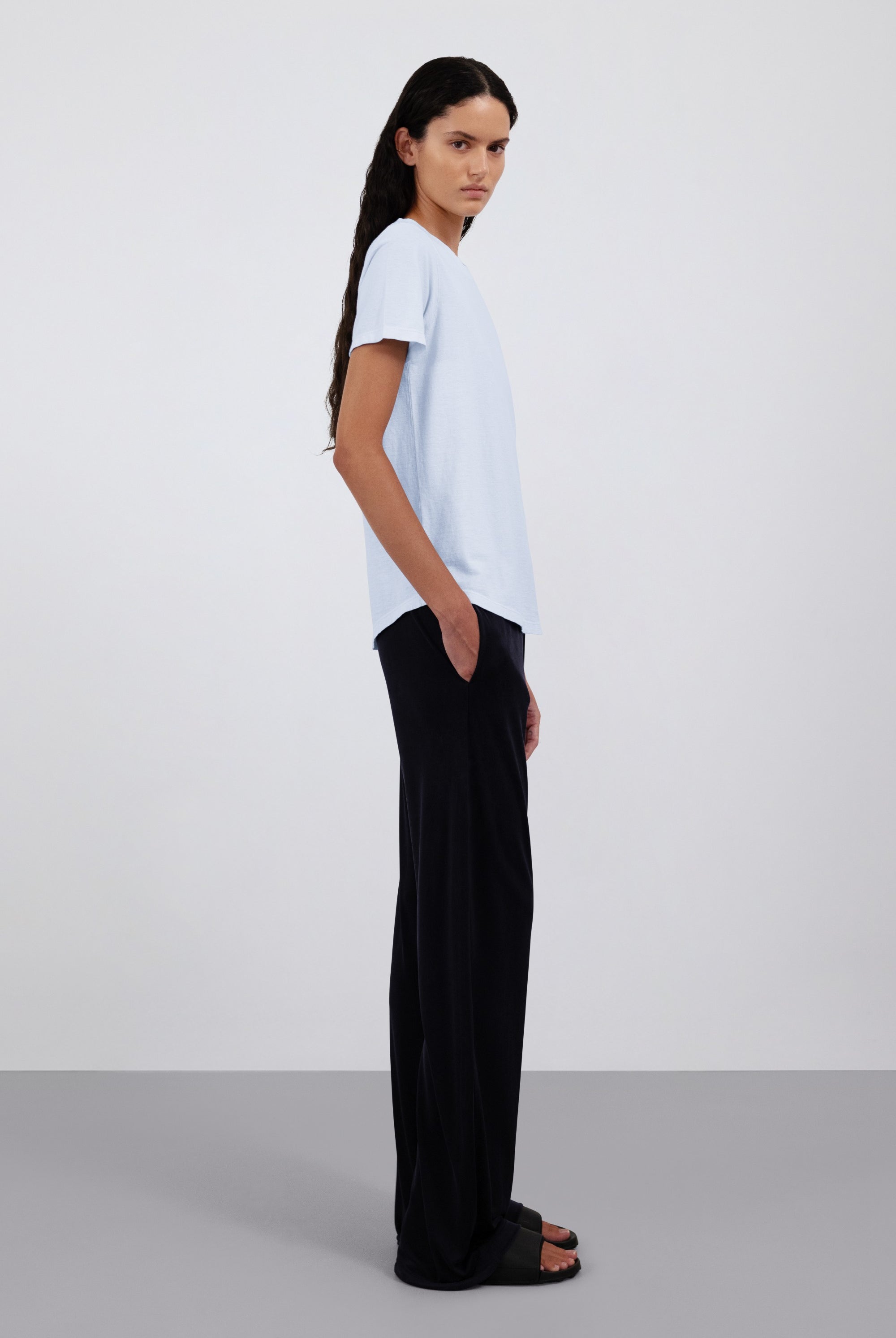 The Sam Essential Black. 100% Lyocell shown on model with The Michelle in Ice Blue.