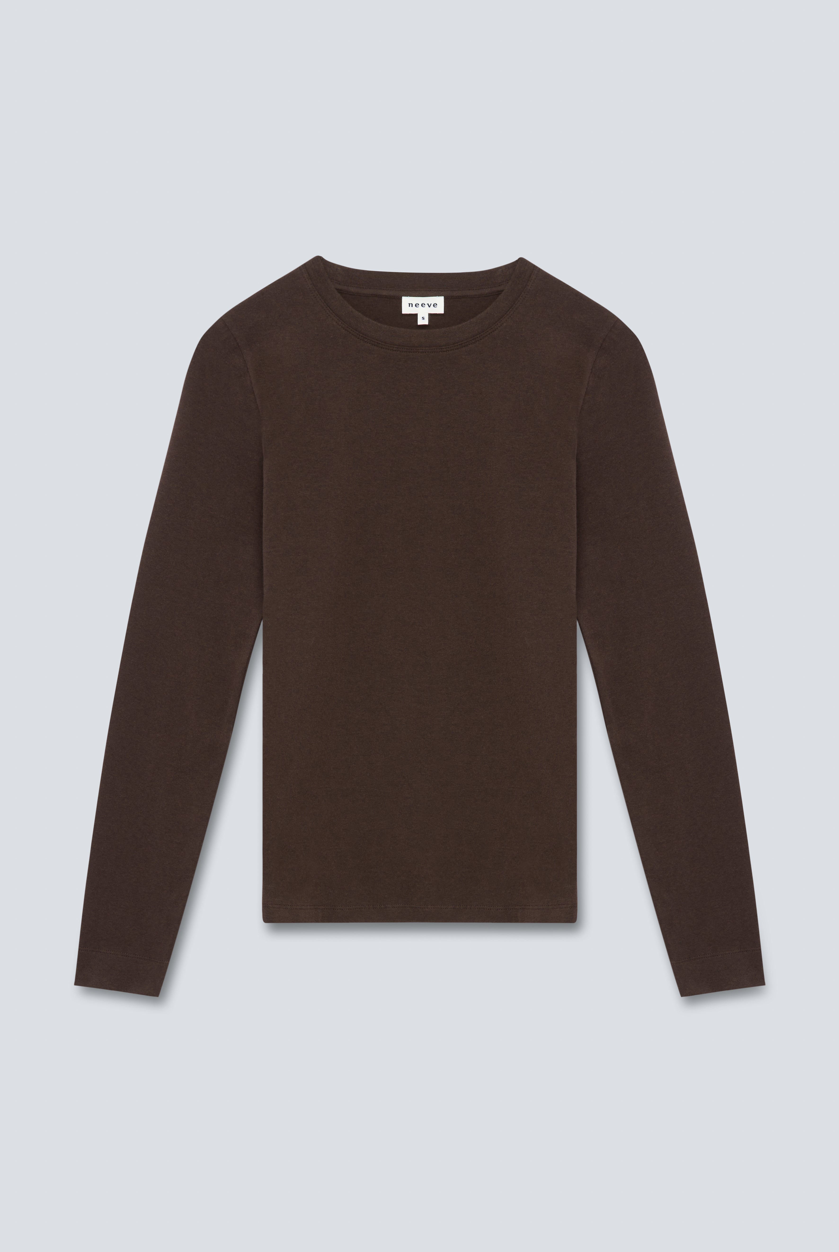 The Nora long sleeve in Chocolate Melange. Made from 95% organic cotton with 5% elastane. Front view. GOTS