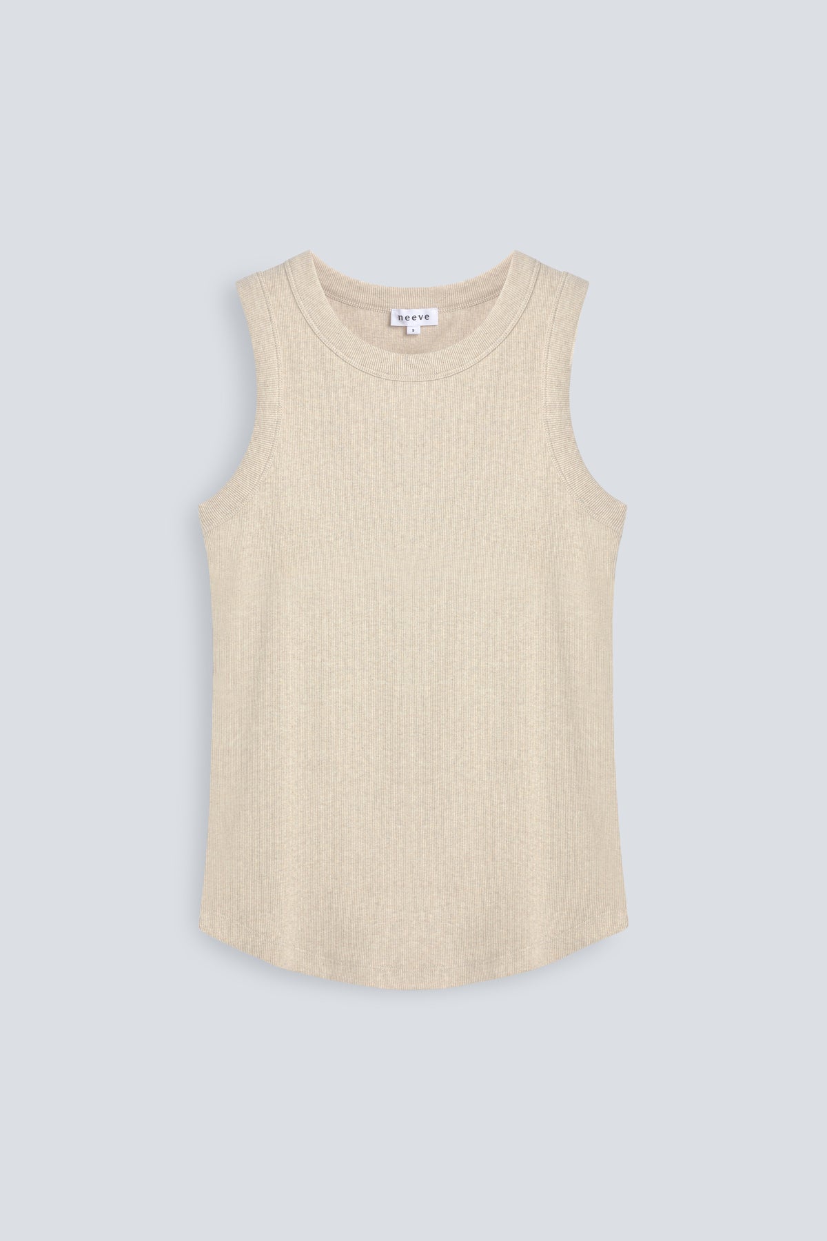 The Rania in Beige Melange. Ribbed tank made from 95% organic cotton with 5% elastane. Front view.