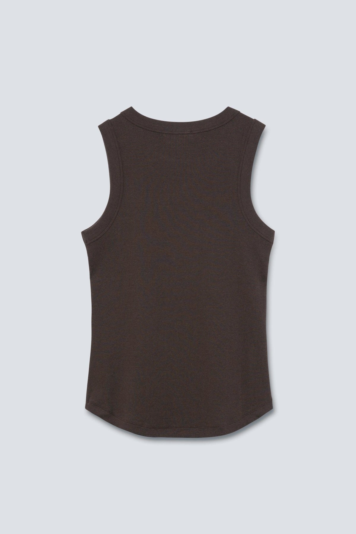 The Rania in Chocolate Melange. Ribbed tank with a high neckline. 95% organic cotton with 5% elastane. Back view.