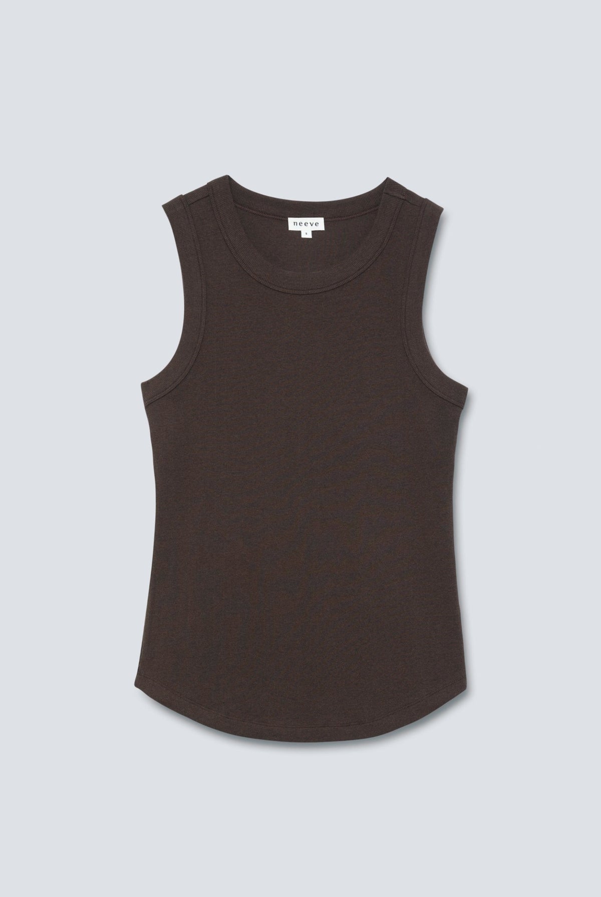 The Rania in Chocolate Melange. Ribbed tank with a high neckline. 95% organic cotton with 5% elastane. Front view.