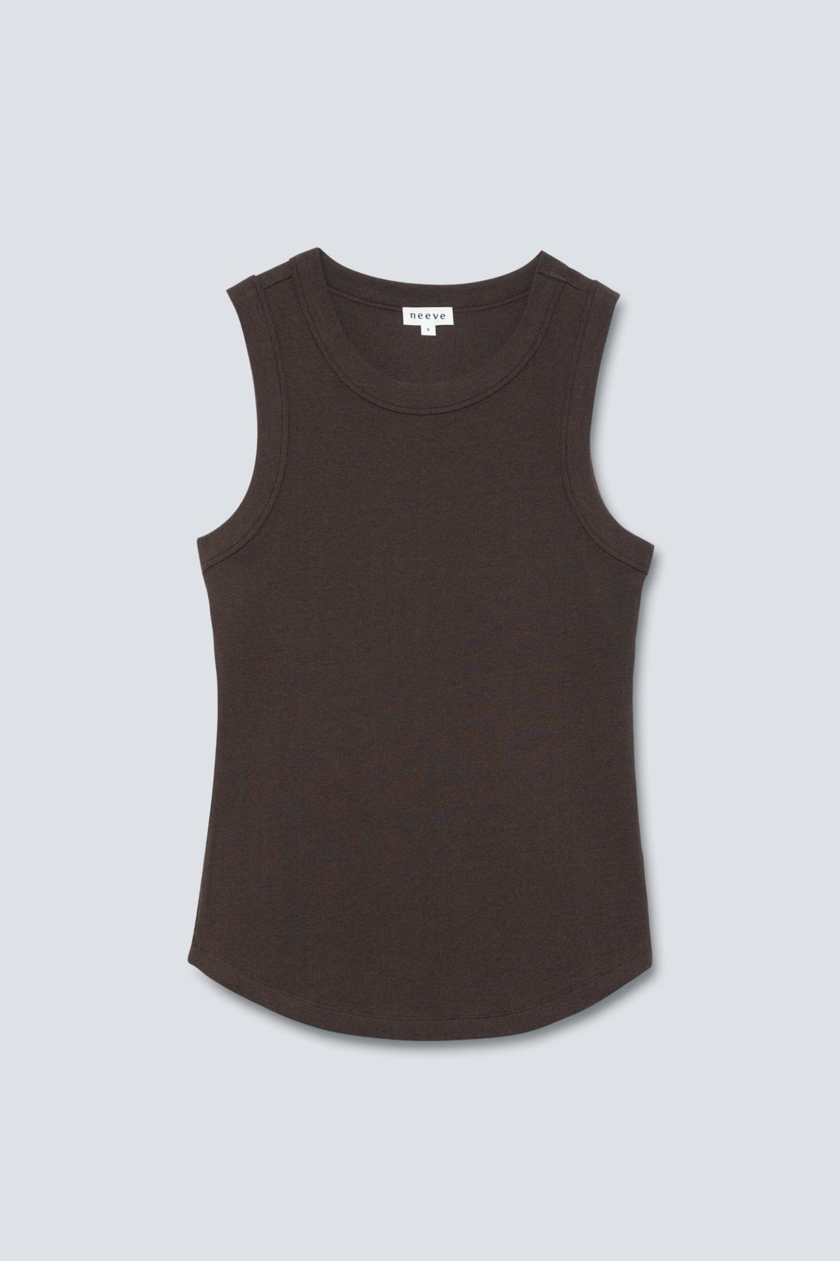 The Rania in Chocolate Melange. Ribbed tank with a high neckline. 95% organic cotton with 5% elastane. Front view.