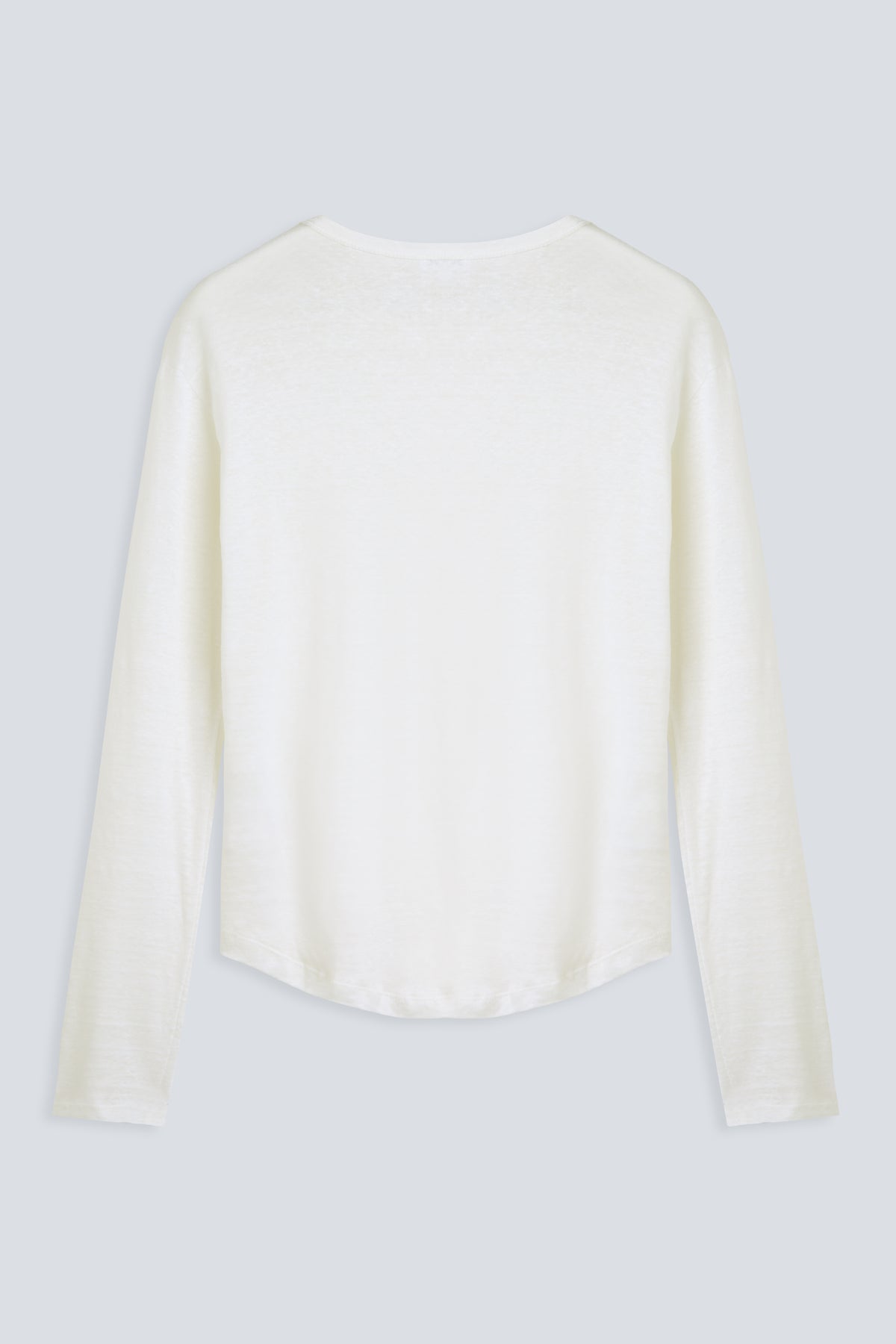 The Reese in Off-White. 100% linen, slightly oversized long sleeve. Back view.